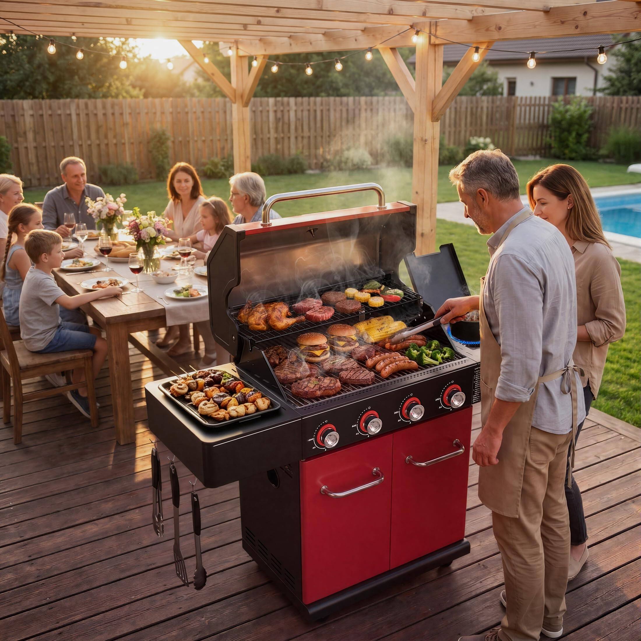 Alt View 6. HUGROVE - 4-Burner Liquid Propane Gas Grill, 56,000 BTU Outdoor BBQ Grill with Clear-View Window, Side Burner & Cast Iron Grates.