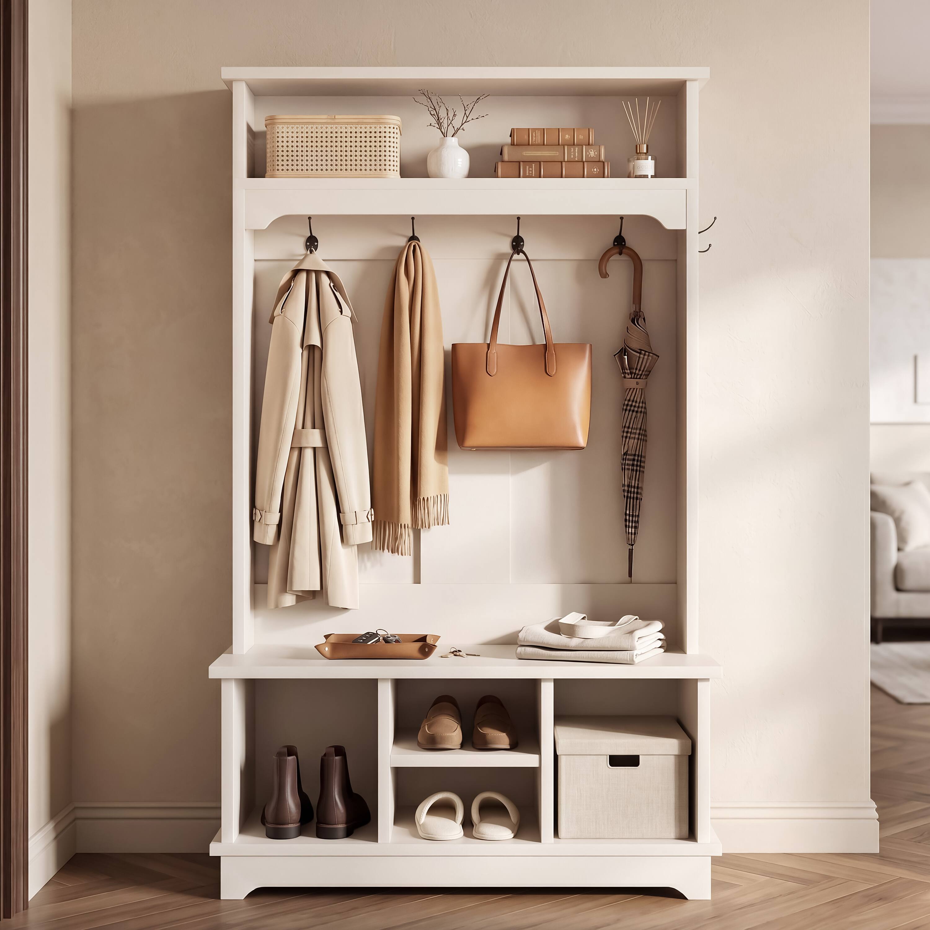 Left. Whisen - Multifunctional Hall Tree with Shoe Storage Bench, Heavy-Duty Entryway Coat Rack Organizer-White - White.