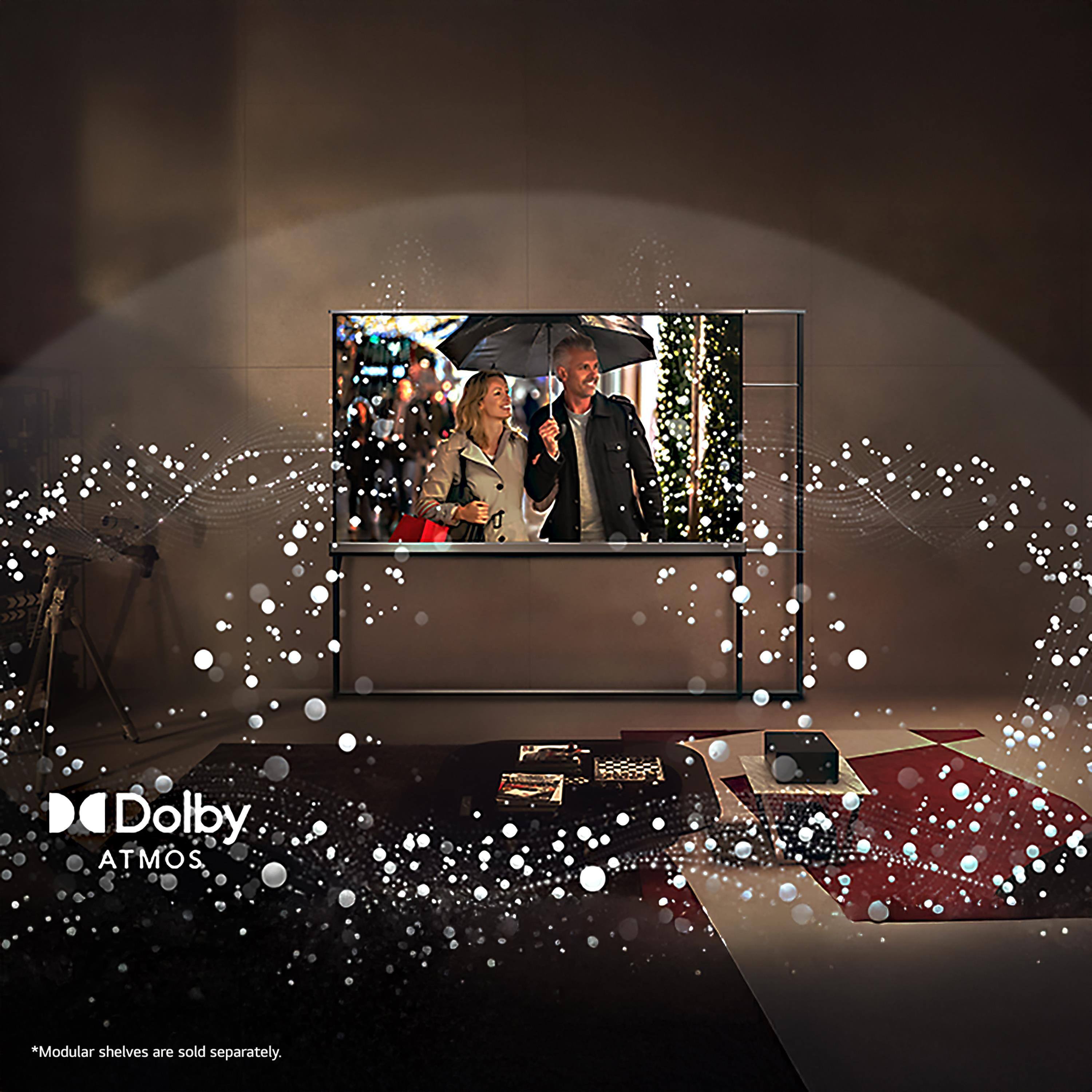 Dolby ATMOS is a technology that enhances the audio experience of movies and TV shows by creating a more immersive and realistic sound environment. Modular shelves are not included with the Dolby ATMOS system and must be purchased separately.