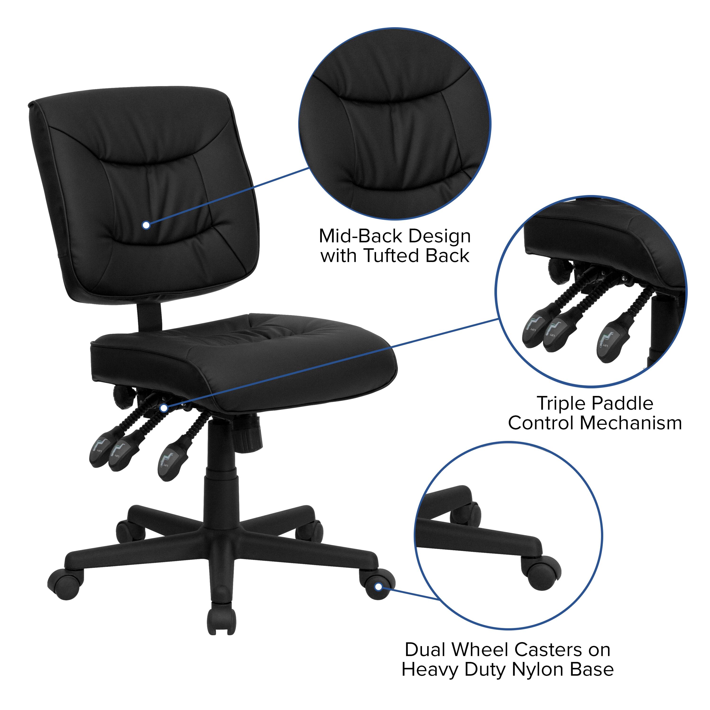 Mid-Back Design with Tufted Back  
Triple Paddle Control Mechanism  
Dual Wheel Casters on Heavy Duty Nylon Base