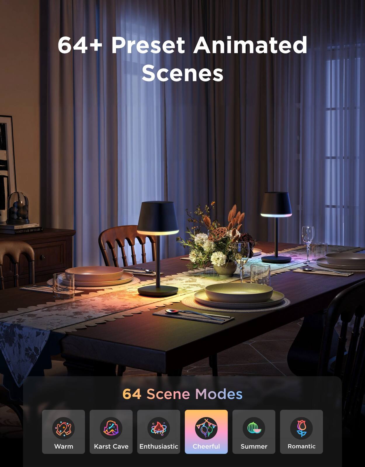 64+ Preset Animated Scenes

64 Scene Modes

Warm
Karst Cave
Enthusiastic
Cheerful
Summer
Romantic