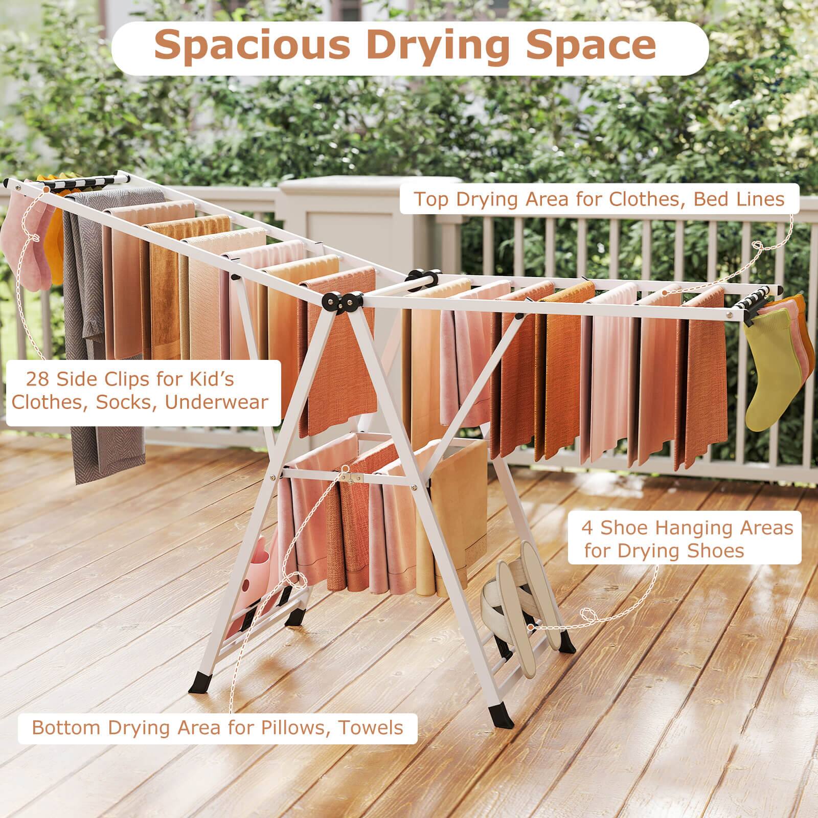 Spacious Drying Space

Top Drying Area for Clothes, Bed Lines

28 Side Clips for Kid's Clothes, Socks, Underwear

4 Shoe Hanging Areas for Drying Shoes

Bottom Drying Area for Pillows, Towels