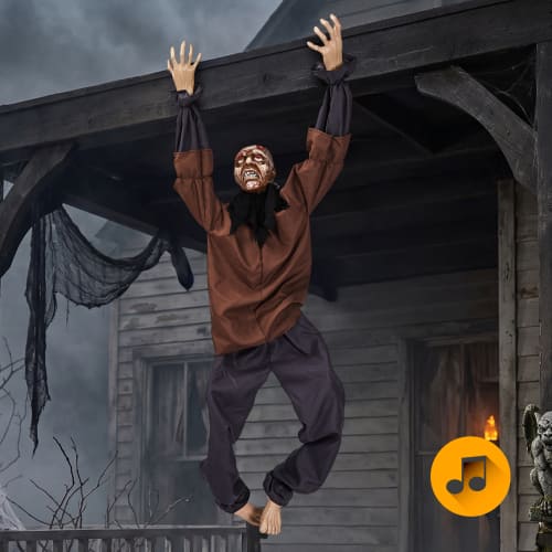 Winado - 5FT Halloween Hanging Skeleton with Leg Movement, Scary Sounds for Indoor Outdoor Holiday Yard Door Party Decorations - Brown & Gray