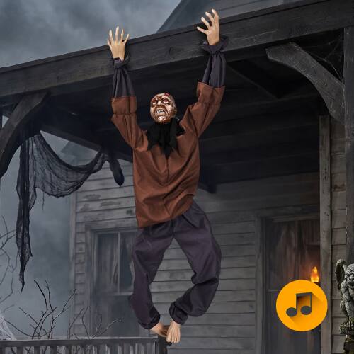 Front. Winado - 5FT Halloween Hanging Skeleton with Leg Movement, Scary Sounds for Indoor Outdoor Holiday Yard Door Party Decorations - Brown & Gray.