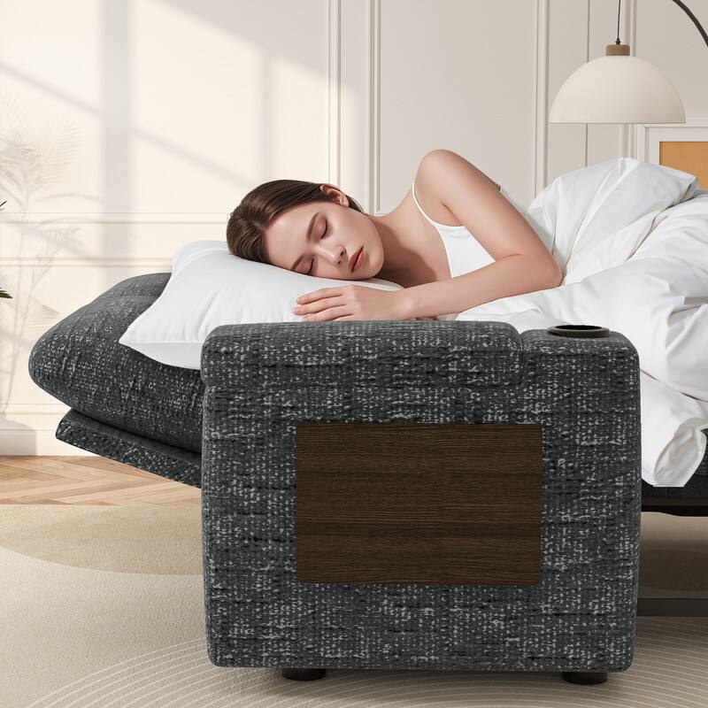 Back. Vipbear - 65" Chenille 3-in-1 Convertible Sofa Bed with Reclining Backrest|USB Ports|Cup Holders|Side Table|Storage Armrests - Grey.