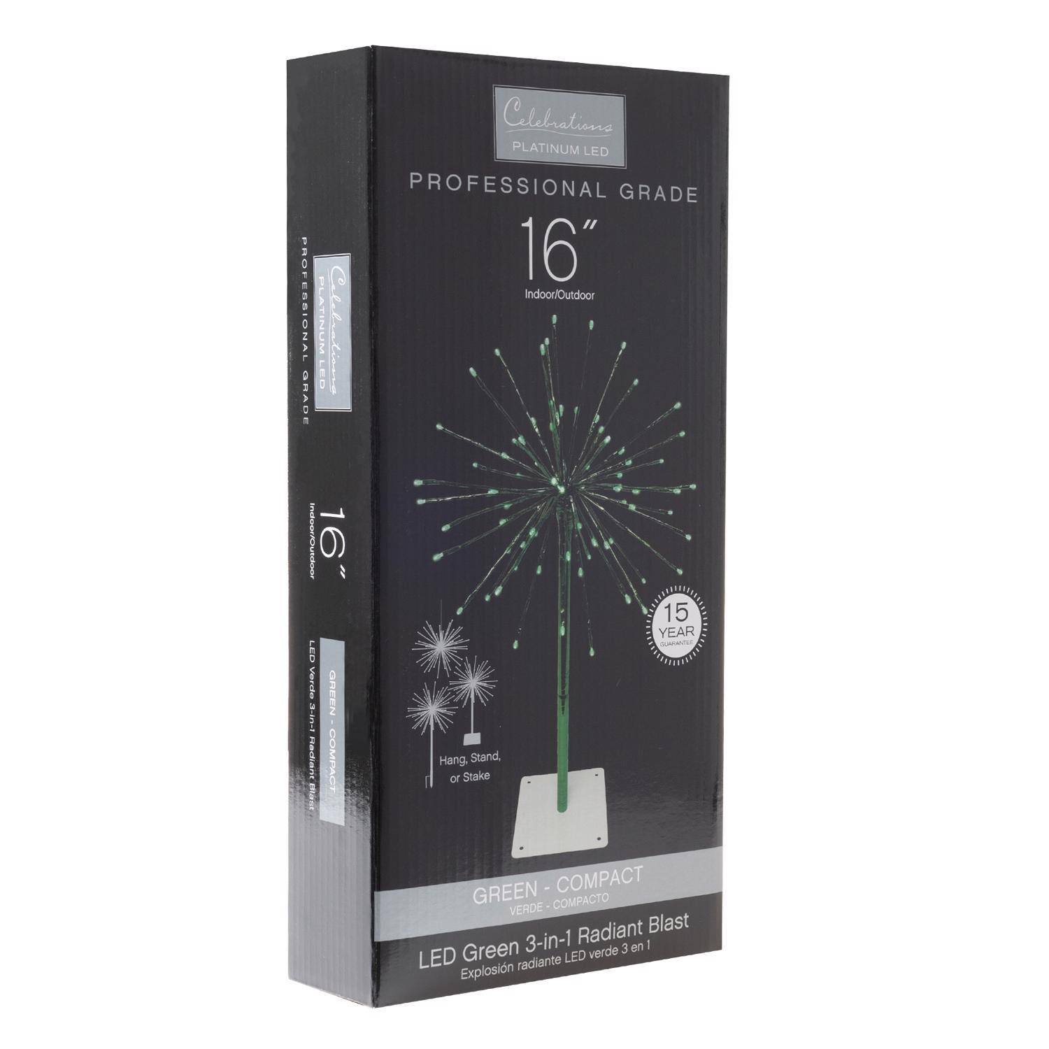 **Celebrations Platinum LED**

**PROFESSIONAL GRADE**

**16" Indoor/Outdoor**

**GREEN - COMPACT**

**LED Green 3-in-1 Radiant Blast**

**15 YEAR WARRANTY**

**Hang, Stand, or Stake**

**Radiant Blast Green**

**LED Verde 3 en 1 Radiante LED Verde 3 en 1**

**Compacto Verde - Compacto**