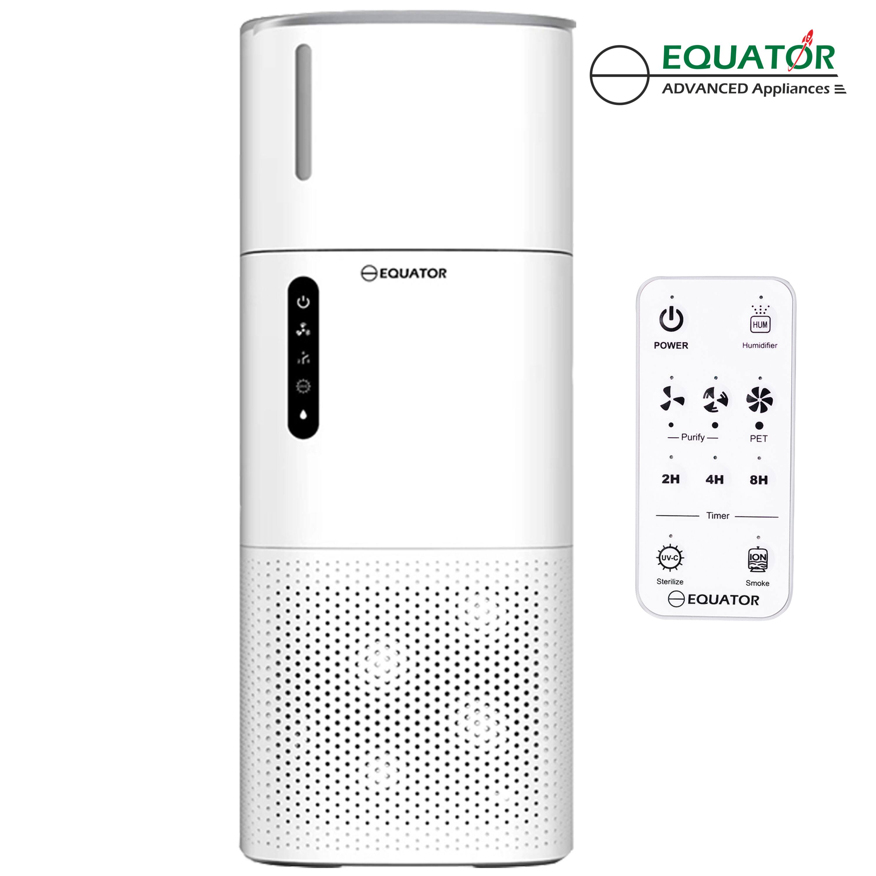 EQUATOR ADVANCED Appliances

EQUATOR HUM POWER Humidifier Purity PET

- 2H 4H 8H Timer
- UVC ON Sterilize
- Smoke

Features:
- POWER
- Humidifier
- Purify
- PET
- Timer
- UVC Sterilize
- Smoke