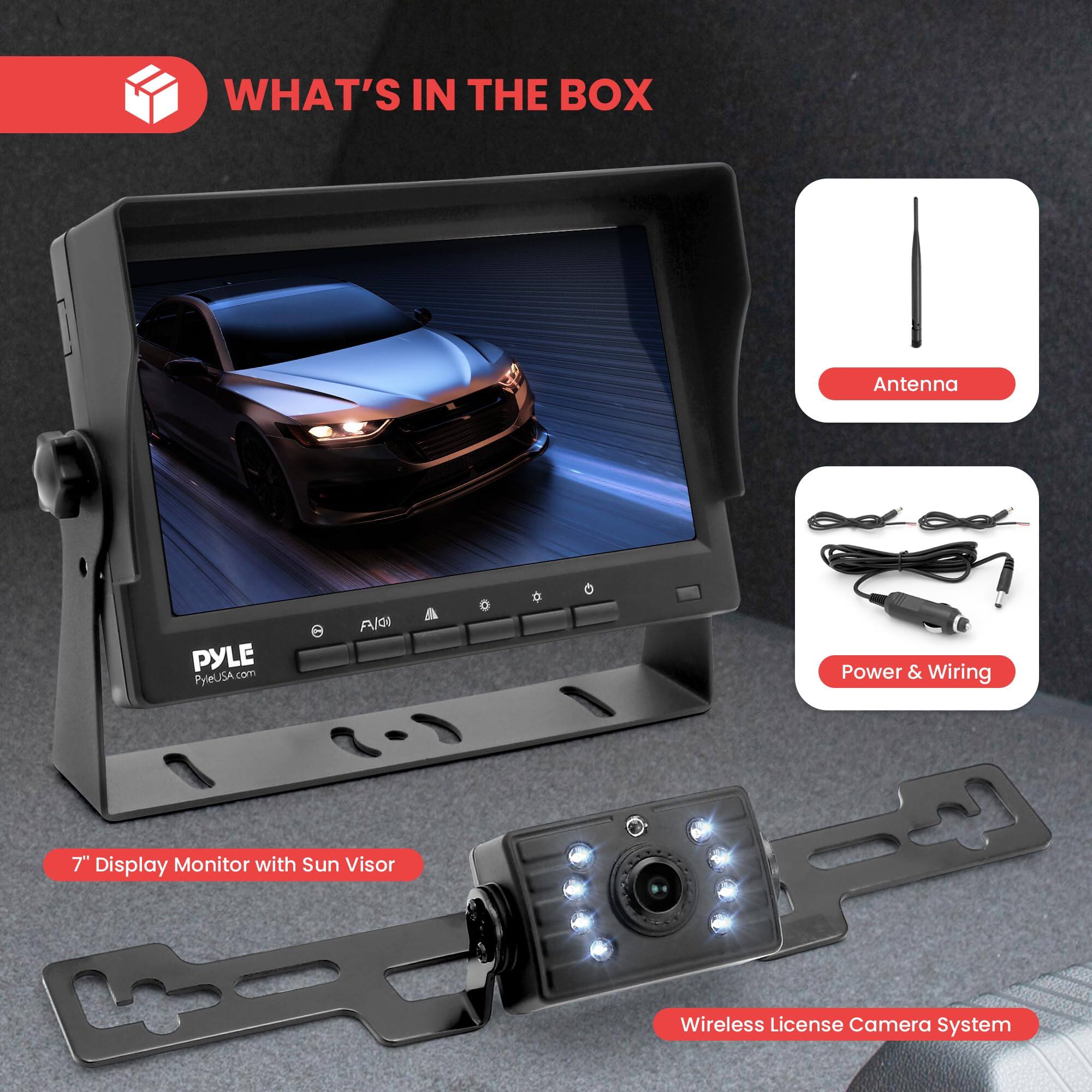 WHAT'S IN THE BOX

- Antenna
- Power & Wiring
- 7" Display Monitor with Sun Visor
- Wireless License Camera System