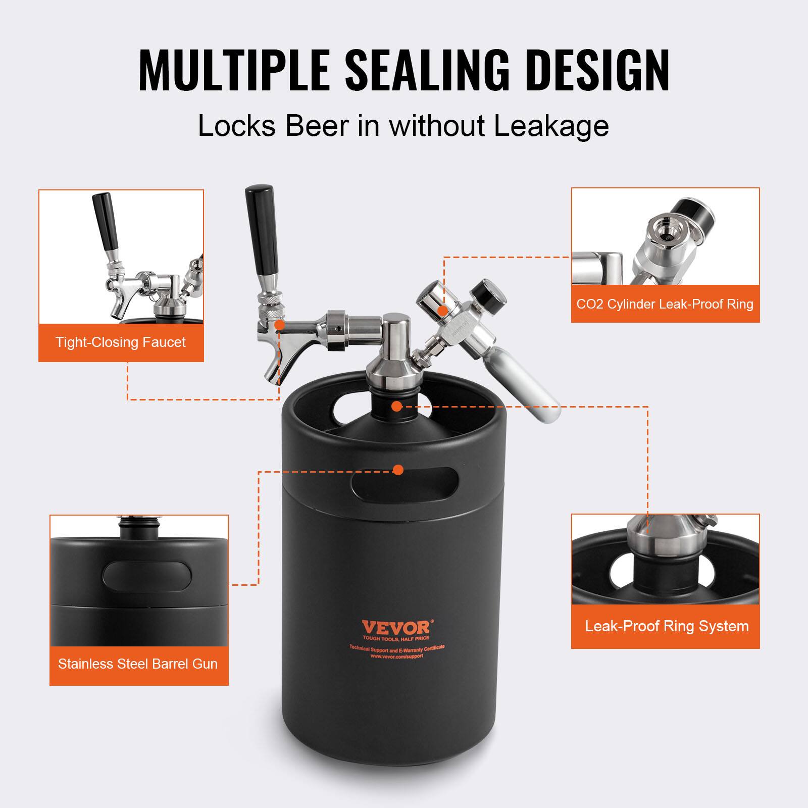 MULTIPLE SEALING DESIGN  
Locks Beer in without Leakage  

- Tight-Closing Faucet  
- CO2 Cylinder Leak-Proof Ring  
- Stainless Steel Barrel Gun  
- Leak-Proof Ring System