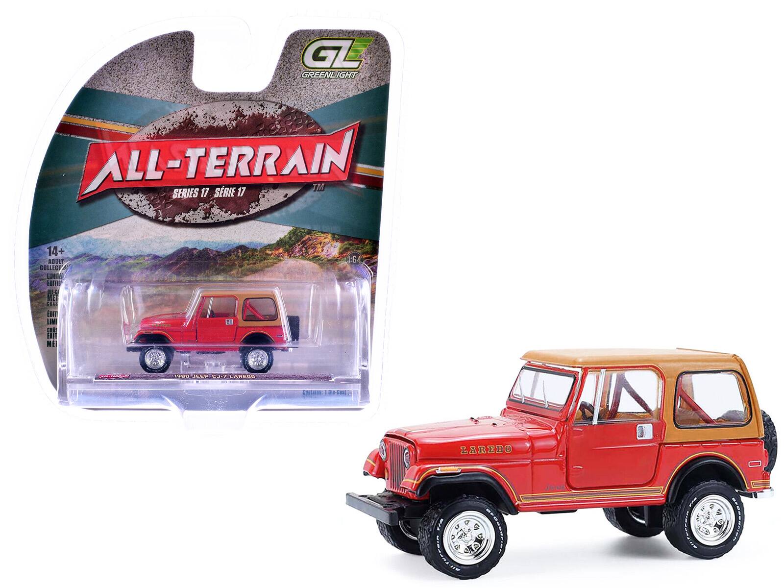 GL GREENLIGHT ALL-TERRAIN SERIES 17 SÉRIE 17 TM 14+ ADDET COLLECT LIMI ÉTE P-C MET CLL EBIT LIMI CH! 11 ME 1:64 S1 JEEP CJ-7 LAREDO LAREDO