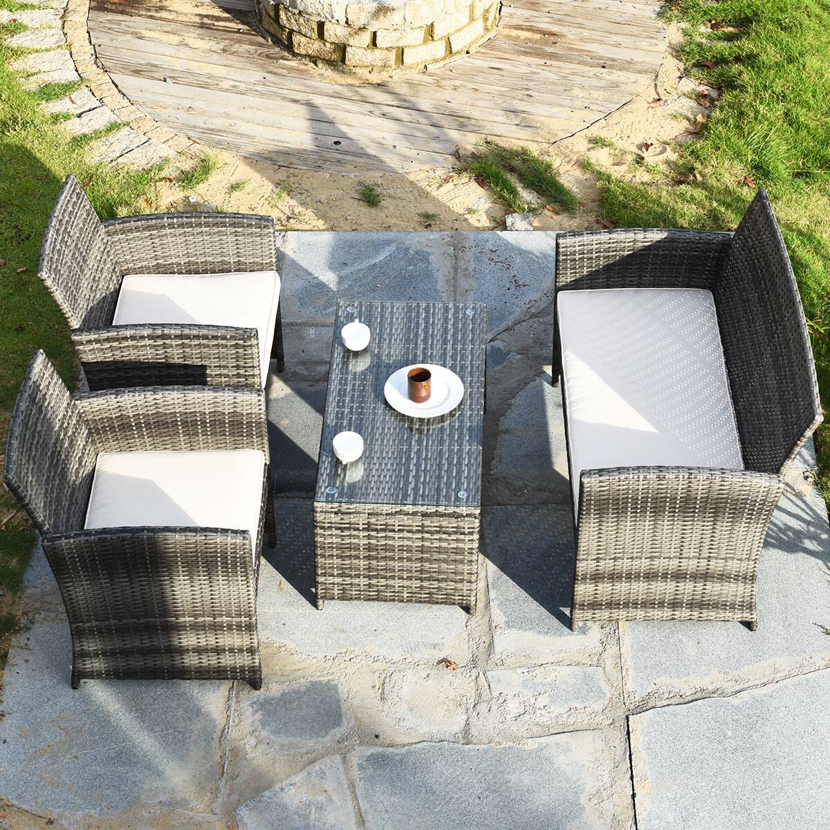 Alt View 3. Costway - Costway 4PCS Patio Rattan Furniture Set Conversation Glass Table Top Cushioned Sofa - Beige.