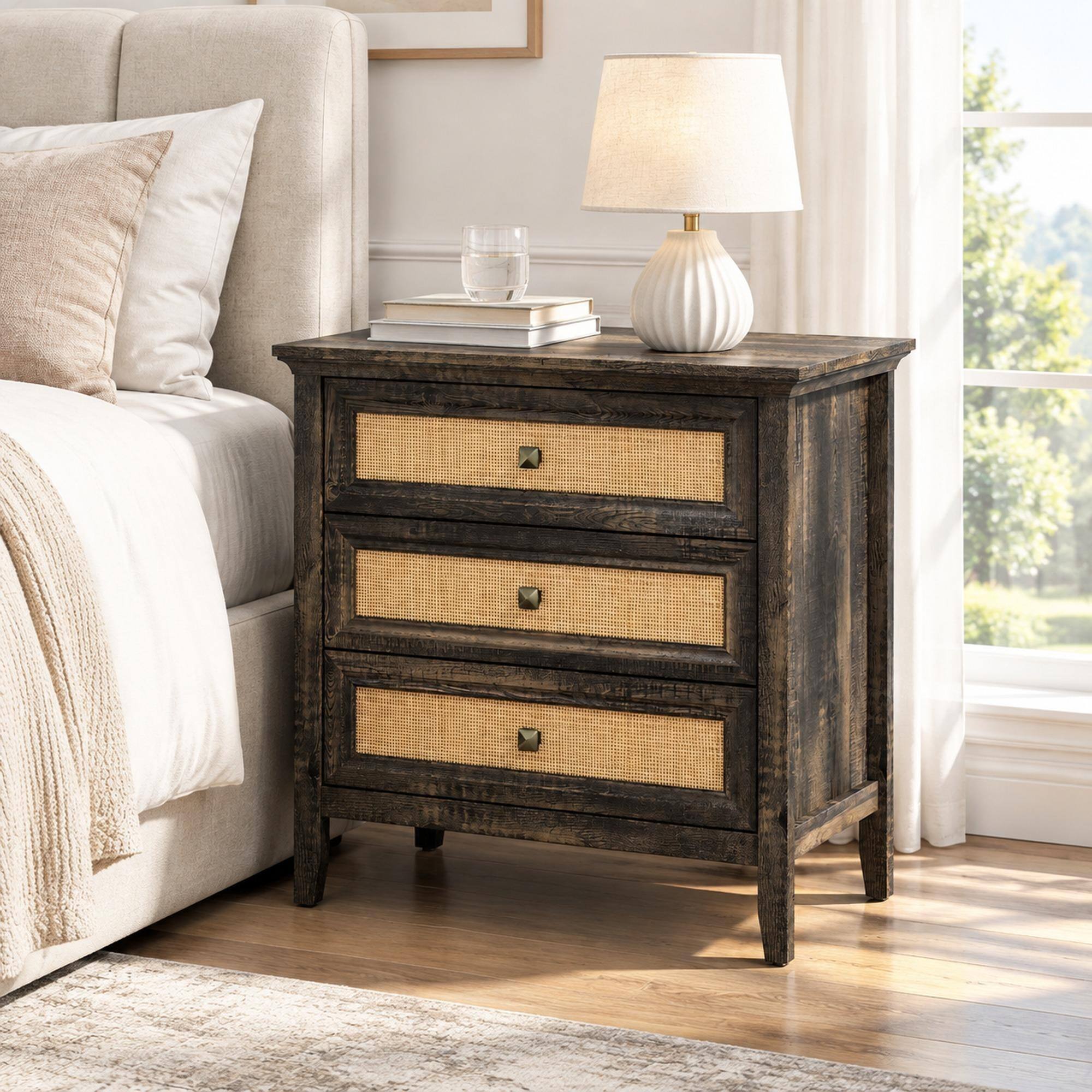 RYHNUYNE 3 Drawer Rattan Dresser, Wood Chest of Drawers, Farmhouse ...