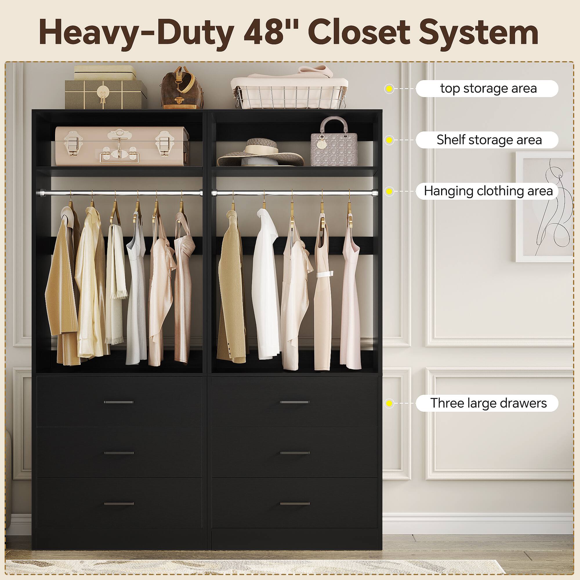 Heavy-Duty 48" Closet System

- top storage area
- Shelf storage area
- Hanging clothing area
- Three large drawers