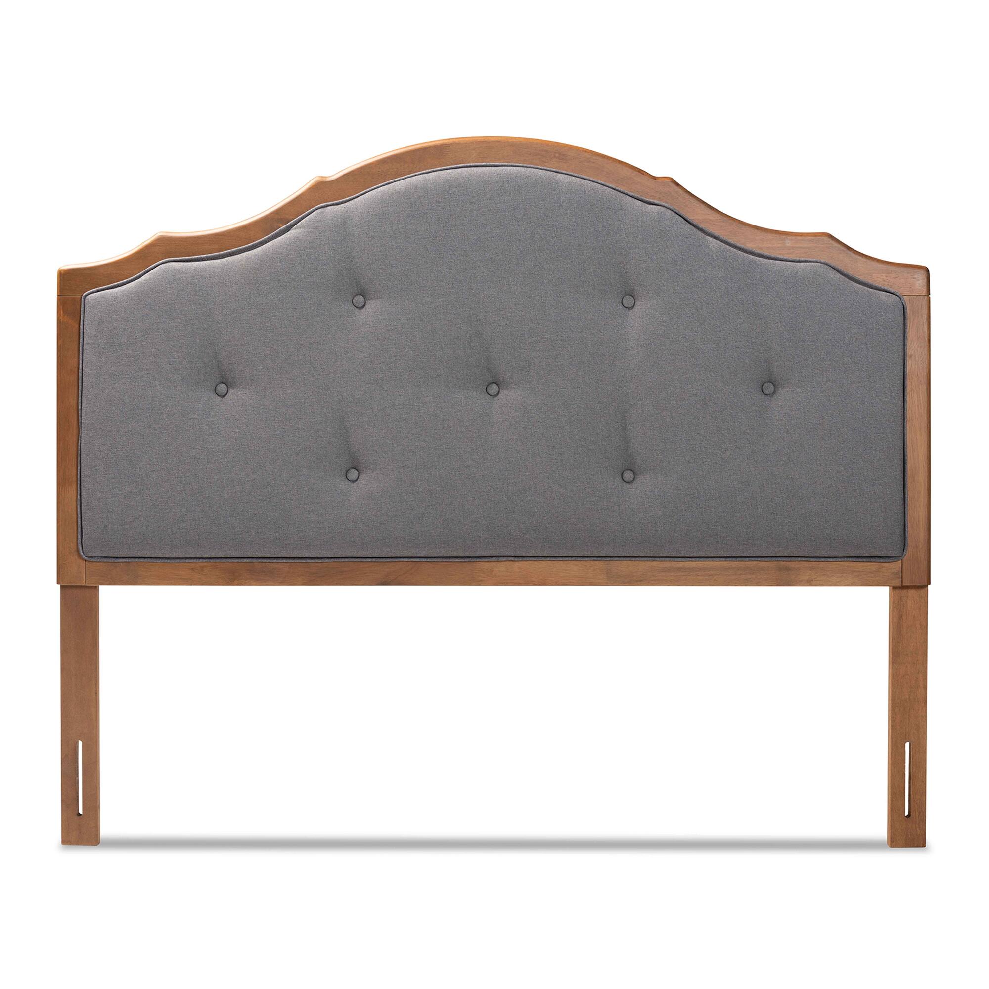 Angle. Baxton Studio - Gala Vintage Classic Traditional Fabric Upholstered and Finished Wood Queen Size Arched Headboard - Dark Grey/Walnut Brown.