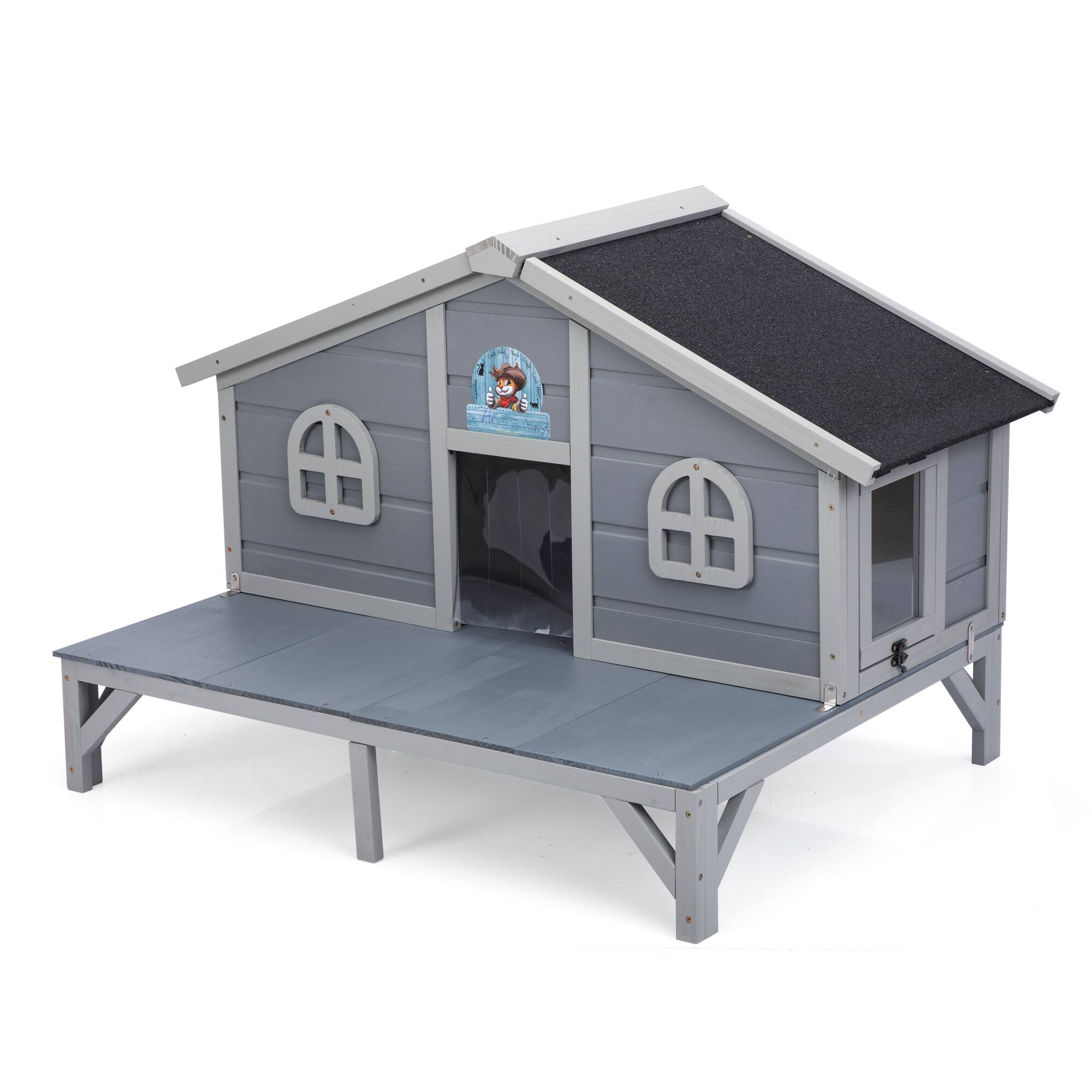 Back. Siljoy - All Weather Cat House, Indoor Outdoor Catio with Fringe Curtains, Lockable Doors, Gray Cozy Cat Shelter.