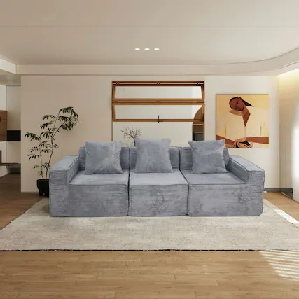 Front. Kadyn - Convertible Floor Lounger Sofa, Corduroy Futon with Pillow Back Support and Armrests, Light Grey - Gray.