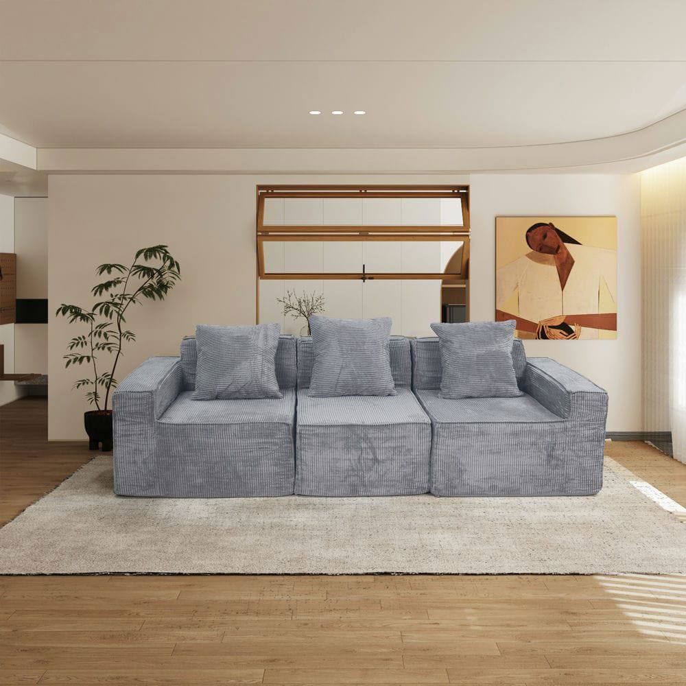 Front. Kadyn - Convertible Floor Lounger Sofa, Corduroy Futon with Pillow Back Support and Armrests, Light Grey - Gray.