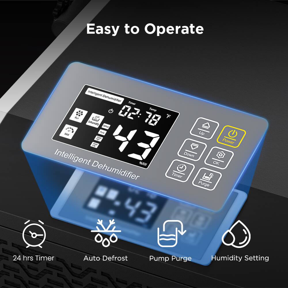 Easy to Operate

Intelligent Dehumidifier

- Timer
- Temperature
- Humidity
- Power
- Up
- Down
- OK
- Timer
- Purge

Features:
- 24 hrs Timer
- Auto Defrost
- Pump Purge
- Humidity Setting