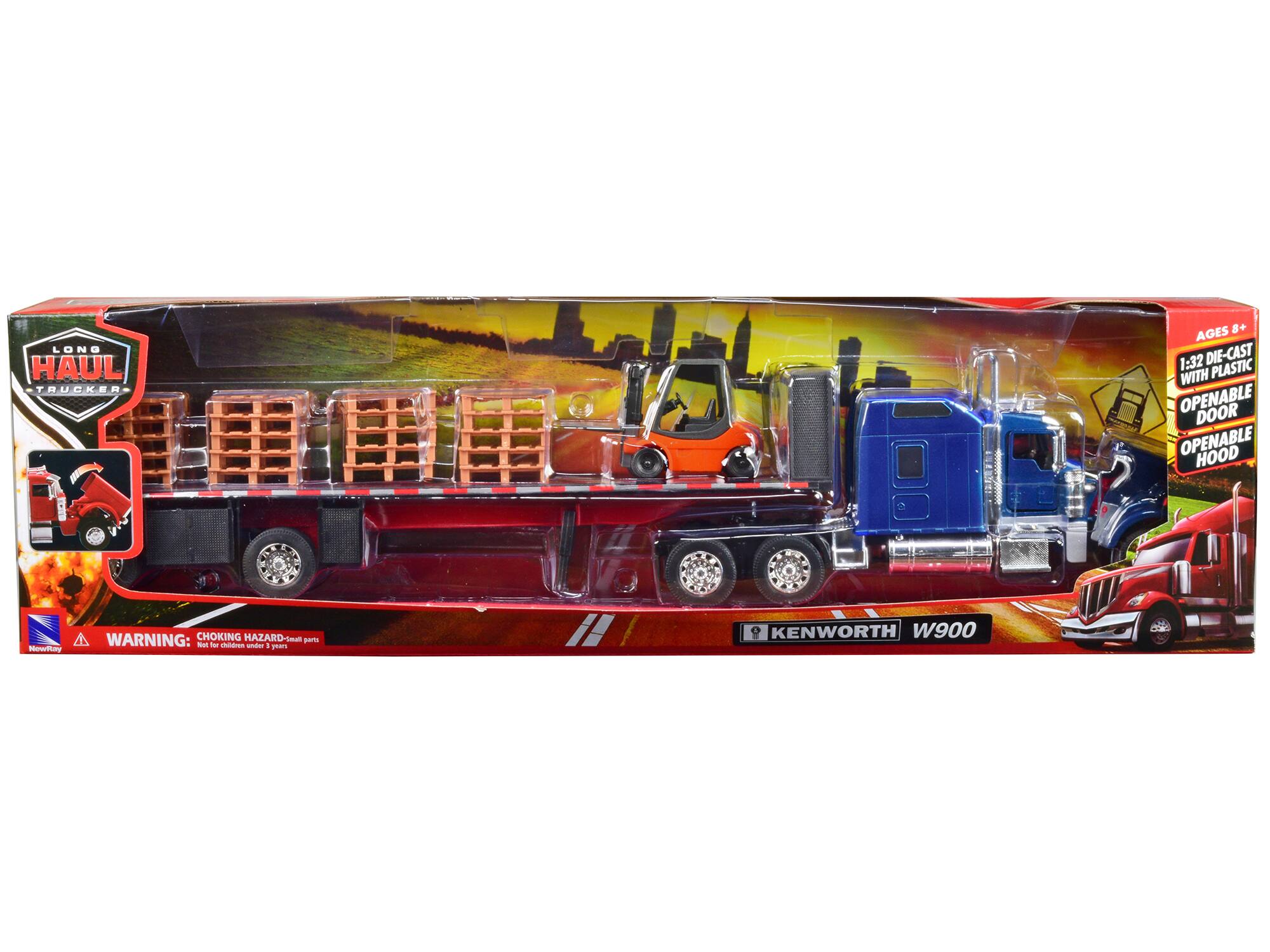 LONG HAUL TRUCKER AGES 8+ 1:32 DIE-CAST WITH PLASTIC OPENABLE DOOR OPENABLE HOOD  
WARNING: CHOKING HAZARD - Small parts. Not for children under 3 years.  
KENWORTH W900