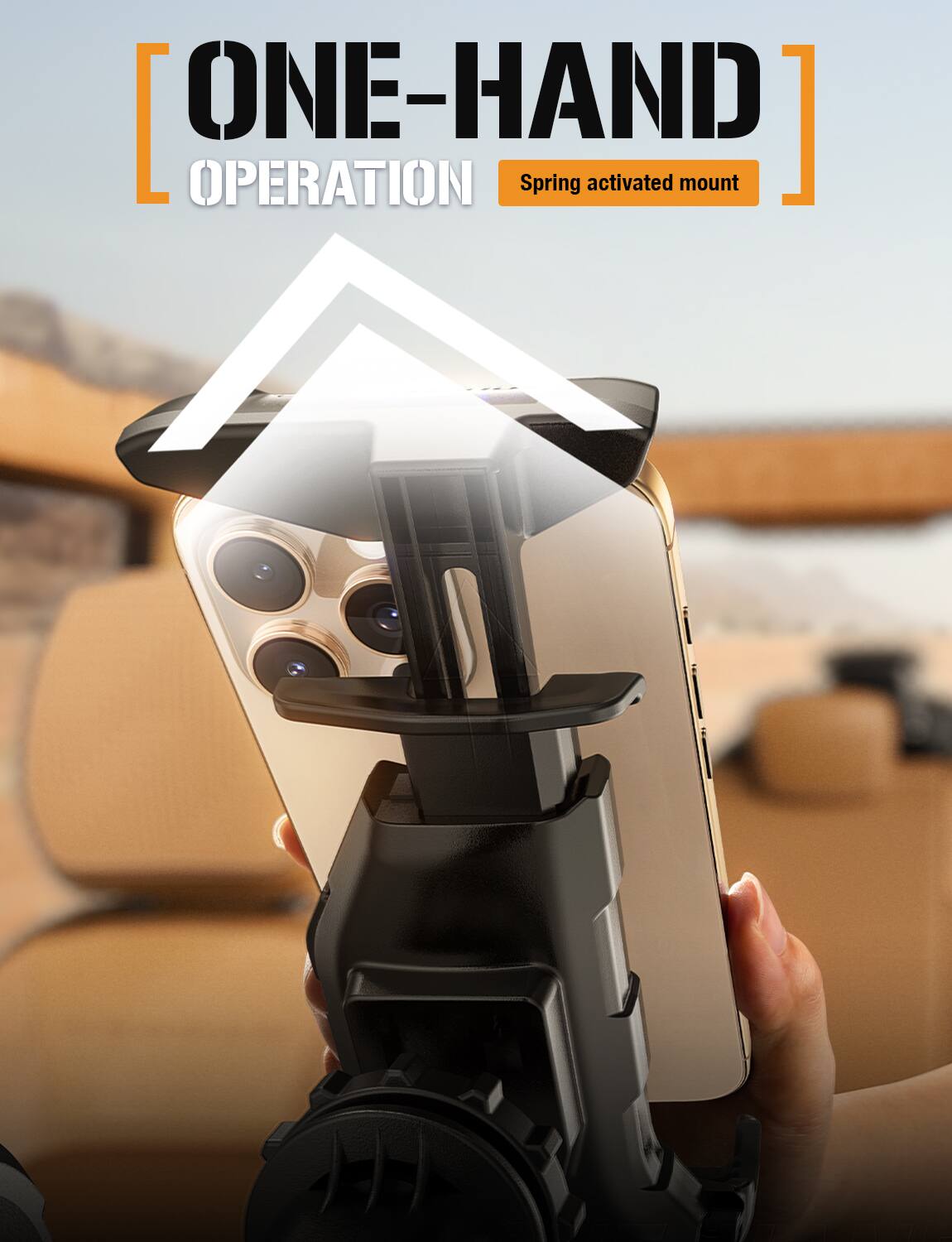The text in the image is:

"ONE-HAND OPERATION
Spring activated mount"