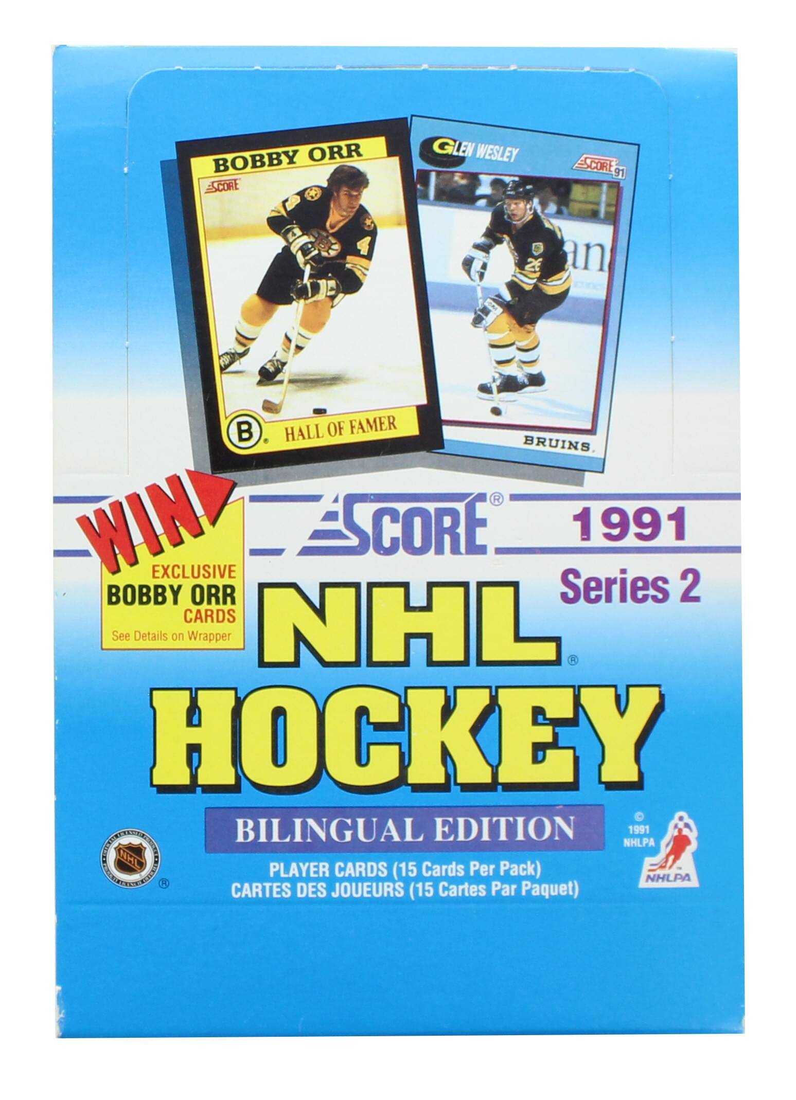 Sure, here is the corrected and grouped text from the image:

---

**Bobby Orr**  
**Glen Wesley**  
**Bruins**  
**Hall of Famer**  

**WIN!**  
**Exclusive Bobby Orr Cards**  
*See Details on Wrapper*  

**Score**  
**1991**  
**Series 2**  

**NHL Hockey**  
**Bilingual Edition**  
*Player Cards (15 Cards Per Pack)*  
*Cartes des Joueurs (15 Cartes Par Paquet)*  

**NHLPA**  
**1991**  

---