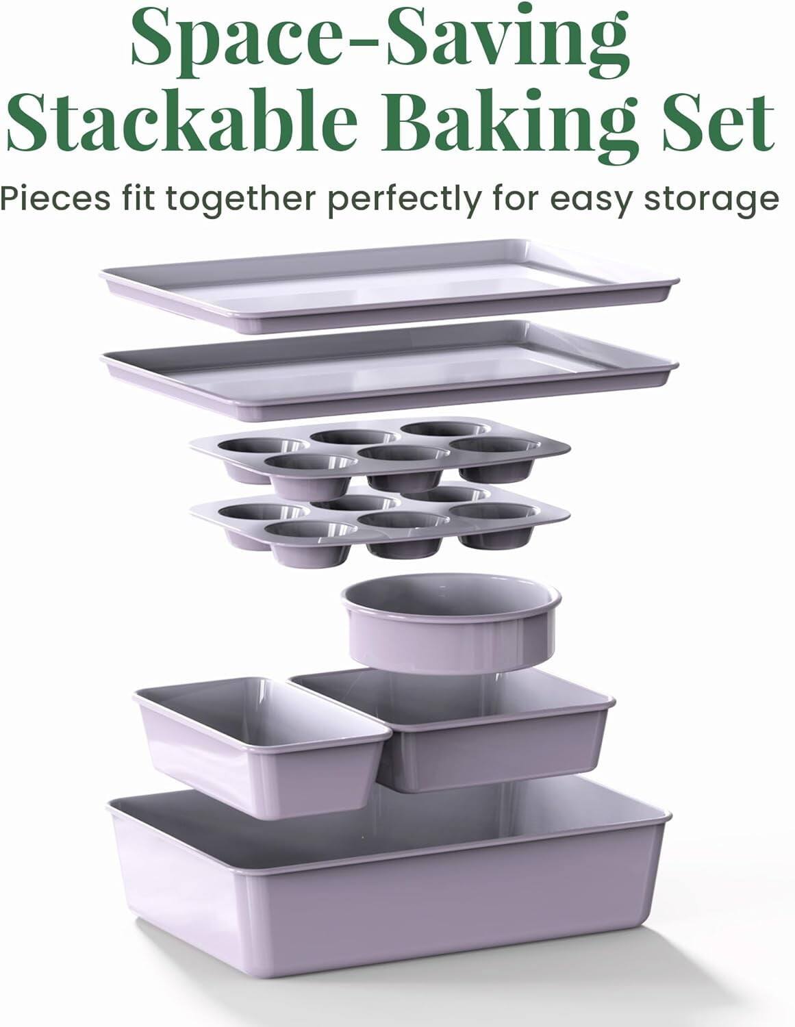 Space-Saving Stackable Baking Set  
Pieces fit together perfectly for easy storage