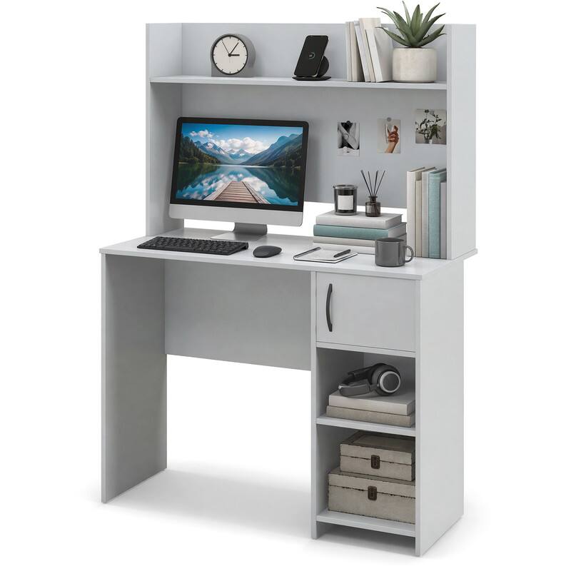 Left. WELLFOR - 41.5" Home Office Desk with Display Shelf and 2 Open Shelves, Computer Desk Writing Study Desk - Gray.