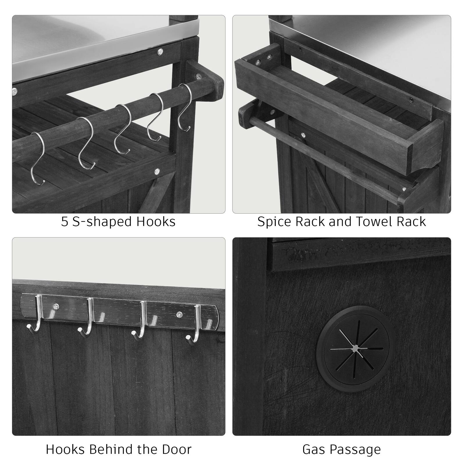 5 S-shaped Hooks  
Spice Rack and Towel Rack  
Hooks Behind the Door  
Gas Passage