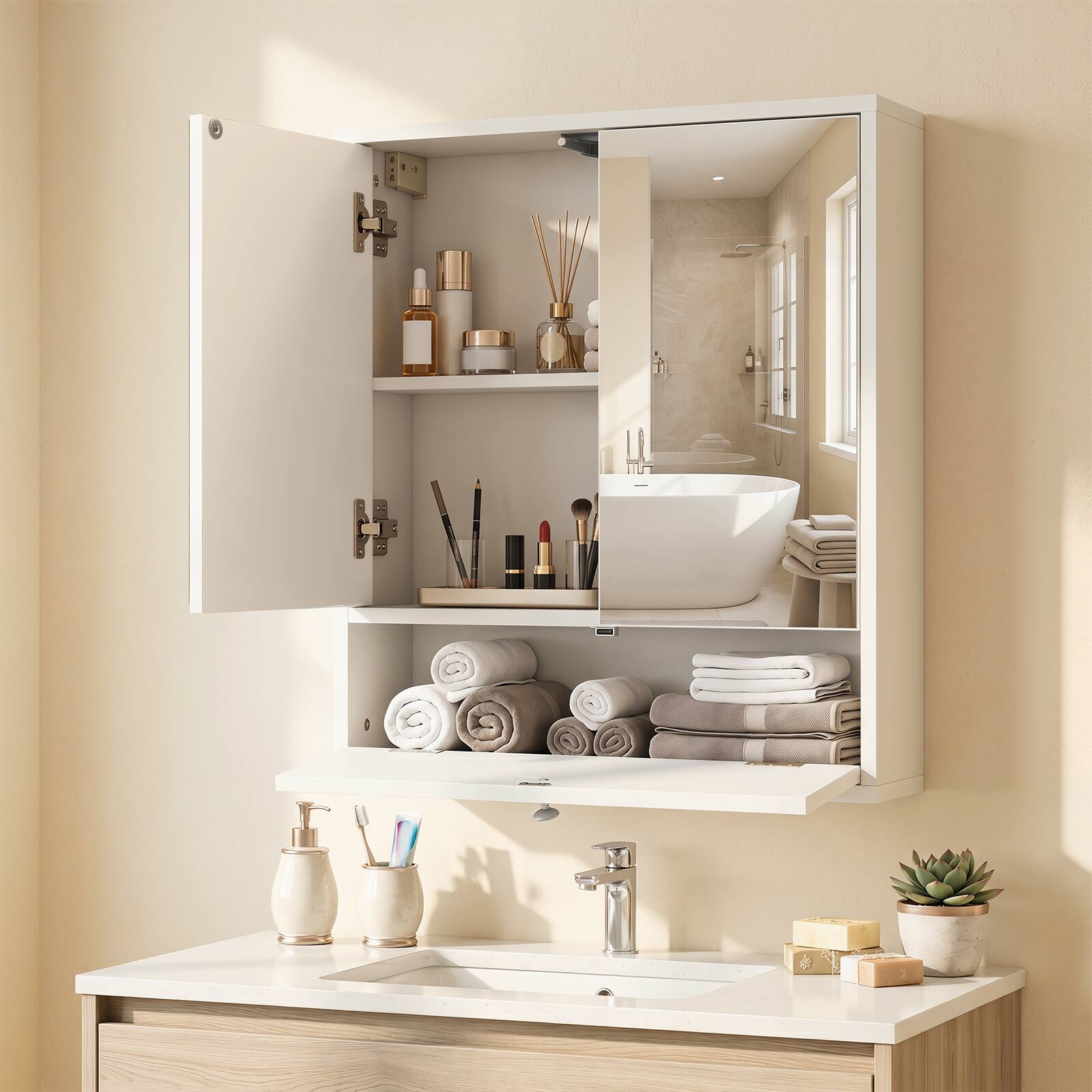 Alt View 4. Costway - Costway Bathroom Cabinet Medicine Cabinet Double Mirror Door Wall Mount Storage Wood Shelf White - White.