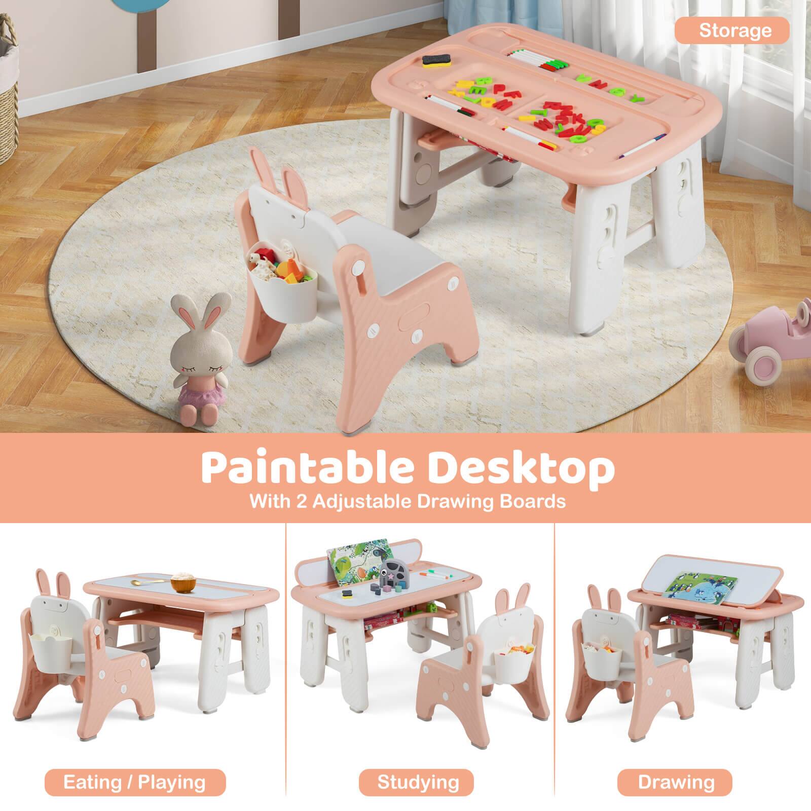 Paintable Desktop  
With 2 Adjustable Drawing Boards  

Storage  
Eating / Playing  
Studying  
Drawing
