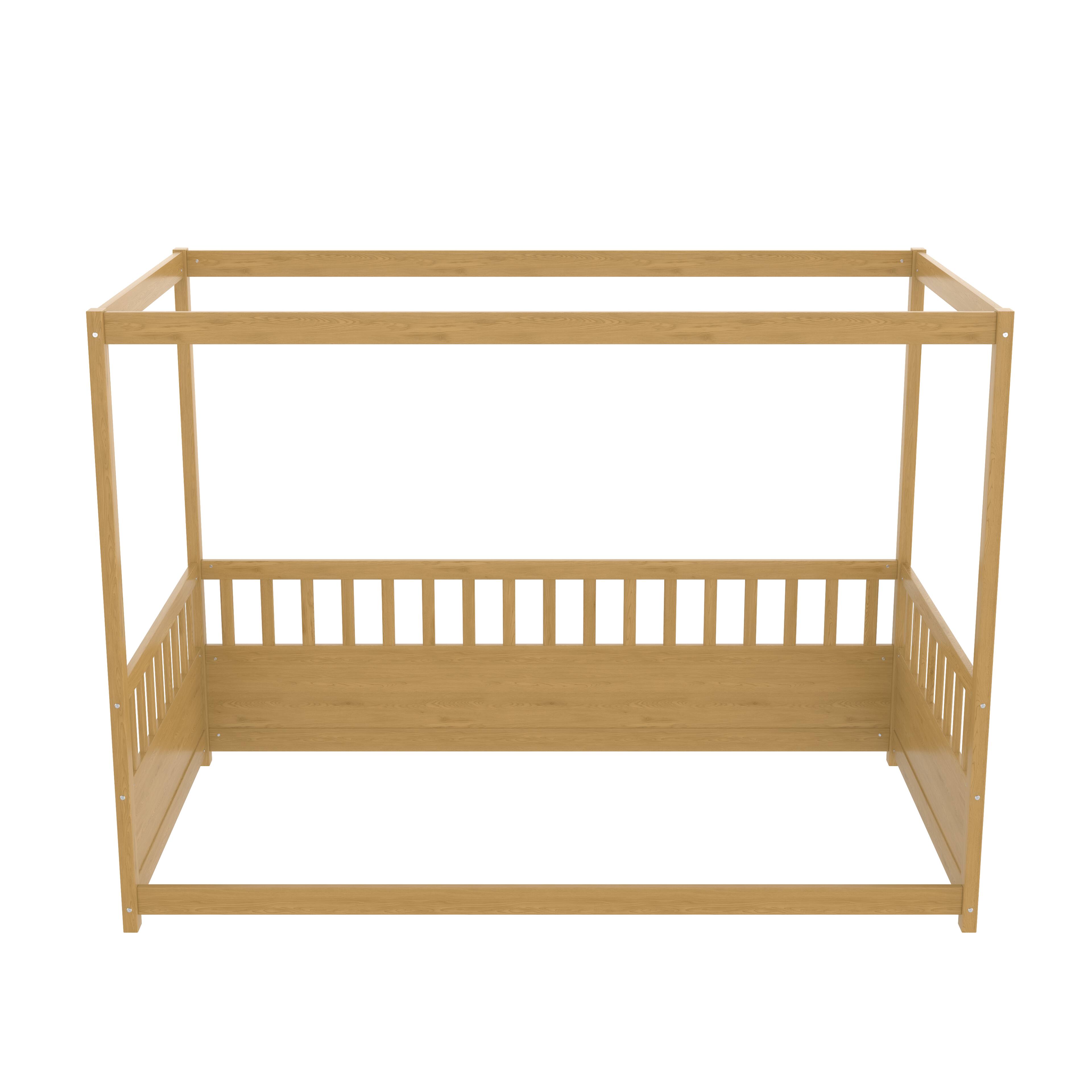 Alt View 4. GOODSILO - Twin Canopy Floor Bed with Guardrails, Montessori Wood Frame for Kids - Natural Wood.