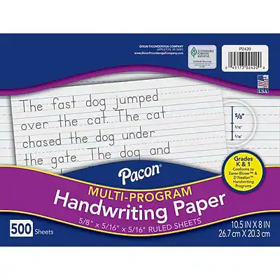 COXON FICONDEROGA COMPANY
P2420 0 43173 02420 0 USA
The fast dog jumped over the cat. The cat chased the dog under the gate.
Pacon
MULTI-PROGRAM Handwriting Paper
5/8" x 5/16" RULED SHEETS
500 Sheets
10.5 IN X 8 IN
26.7 cm X 20.3 cm
Grades K & 1
Conforms to Zaner-Bloser Programs & MULTI-PROGRAM Handwriting
5/8" Paper
PS400