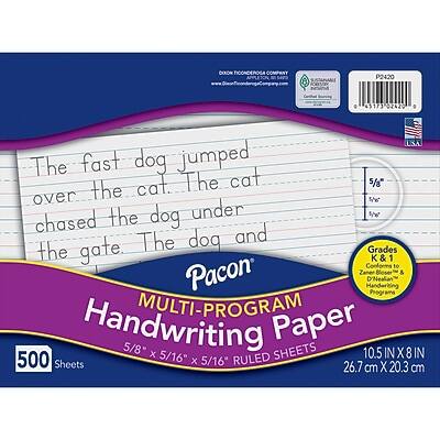 COXON FICONDEROGA COMPANY  
P2420 0 43173 02420 0 USA  

The fast dog jumped over the cat. The cat chased the dog under the gate.  

Pacon  
MULTI-PROGRAM Handwriting Paper  
5/8" x 5/16" RULED SHEETS  
500 Sheets  
10.5 IN X 8 IN  
26.7 cm X 20.3 cm  

Grades K & 1  
Conforms to Zaner-Bloser Programs & MULTI-PROGRAM Handwriting  
5/8" Paper  

PS400