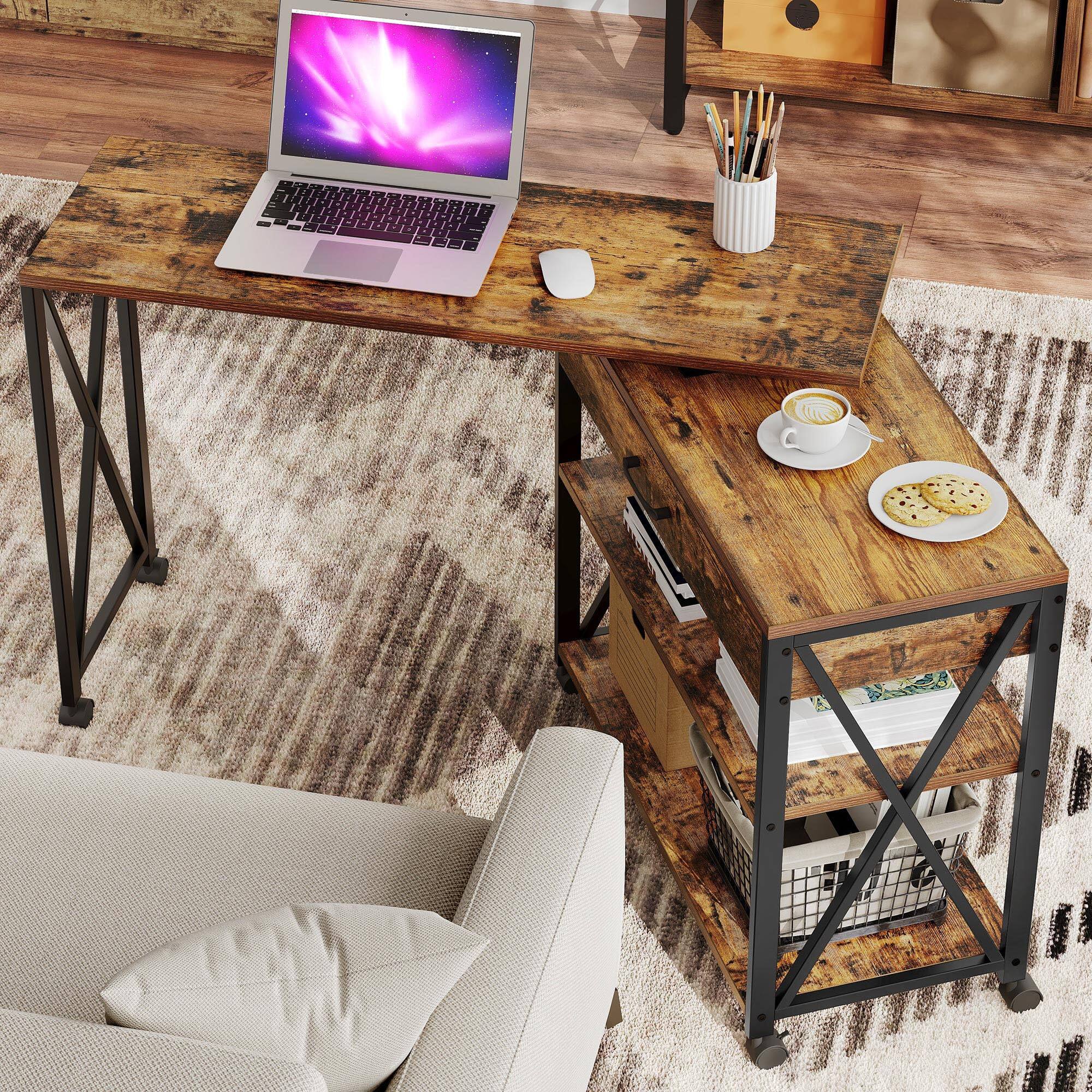 PO3TICJUNKI3 - 360 Rotating Sofa Side Table With Drawer Mobile Couch 2-tier Storage Shelves Swivel Rolling Desk Sturdy Met - Default