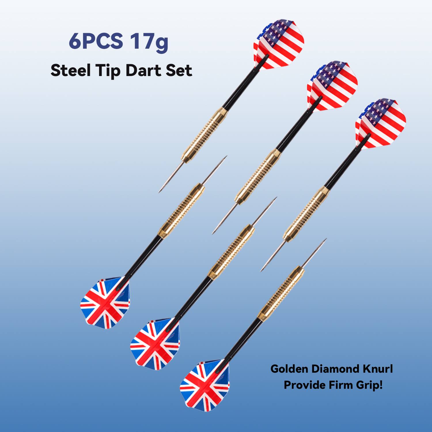 6PCS 17g Steel Tip Dart Set, Golden Diamond Knurl Provide Firm Grip!
