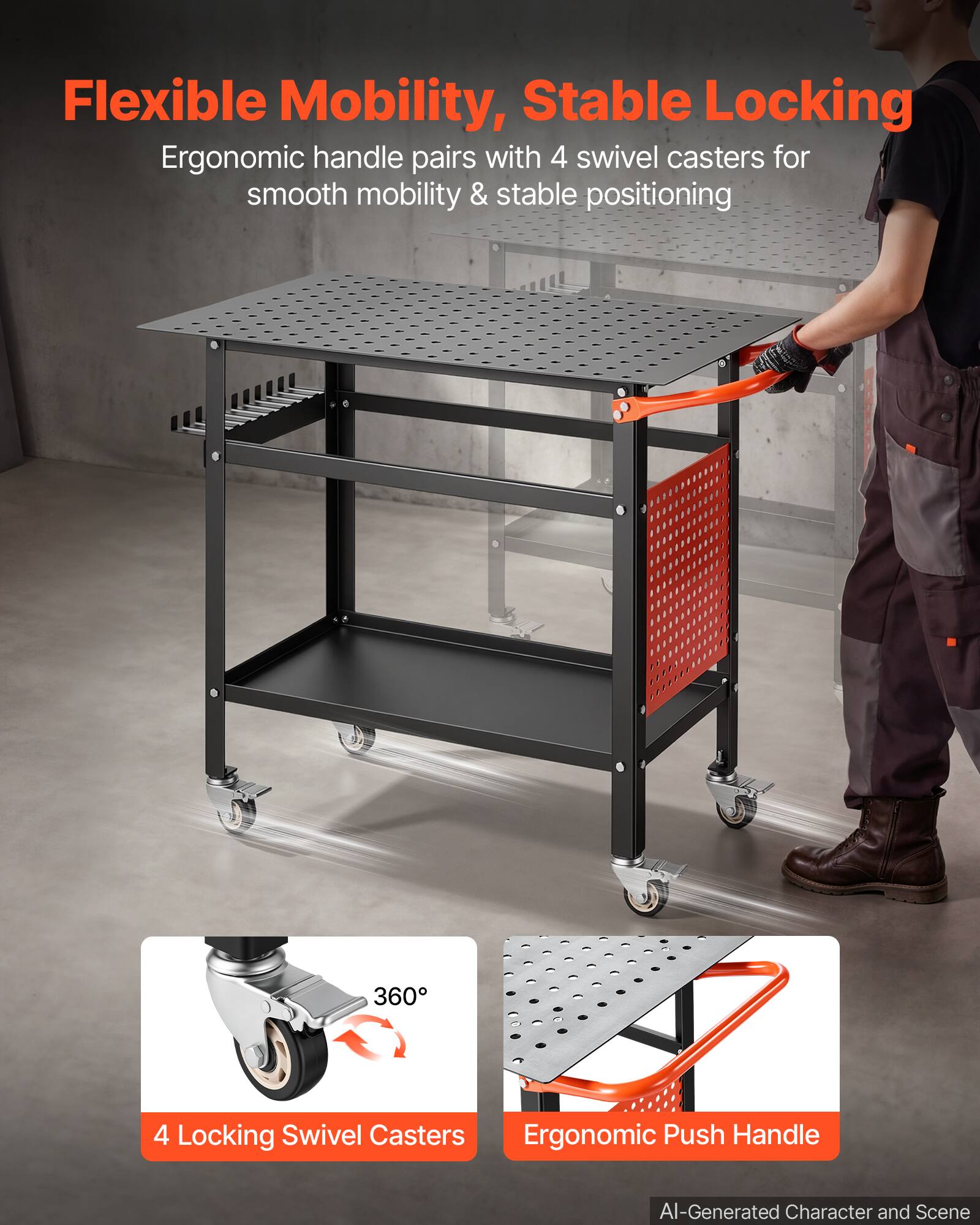 Flexible Mobility, Stable Locking  
Ergonomic handle pairs with 4 swivel casters for smooth mobility & stable positioning  

360°  
4 Locking Swivel Casters  
Ergonomic Push Handle  

AI-Generated Character and Scene