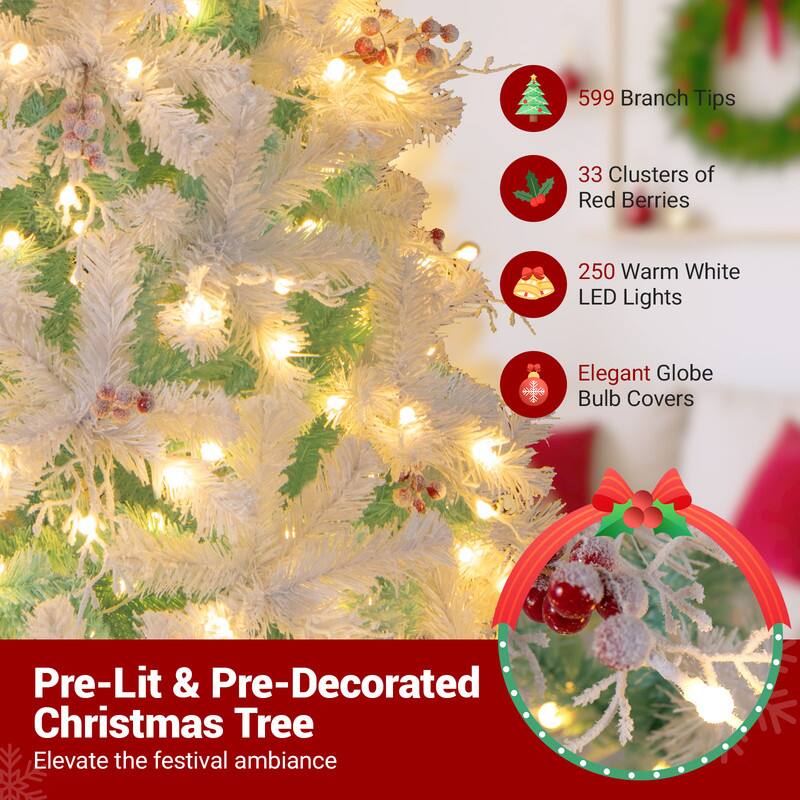 599 Branch Tips  
33 Clusters of Red Berries  
250 Warm White LED Lights  
Elegant Globe Bulb Covers  

Pre-Lit & Pre-Decorated Christmas Tree  
Elevate the festival ambiance