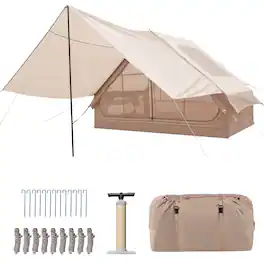 Costway - Inflatable Camping Tent 4-6 People Waterproof Blow-up Air Tent with Porch, Pump - Beige