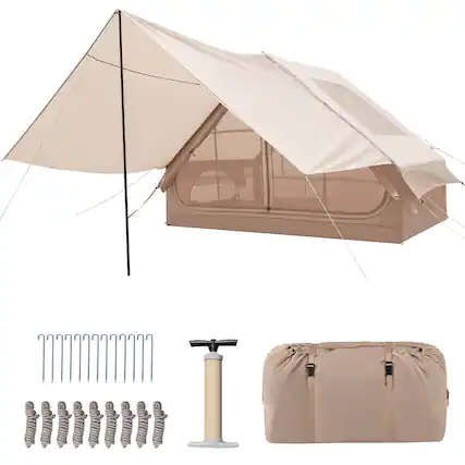 Front. Costway - Costway Inflatable Camping Tent 4-6 People Waterproof Blow-up Air Tent with Porch, Pump - Beige.
