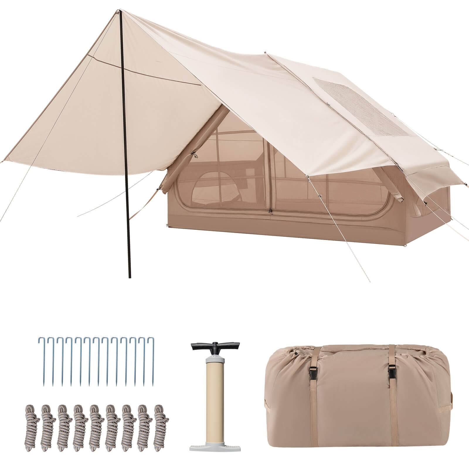 Front. Costway - Costway Inflatable Camping Tent 4-6 People Waterproof Blow-up Air Tent with Porch, Pump - Beige.