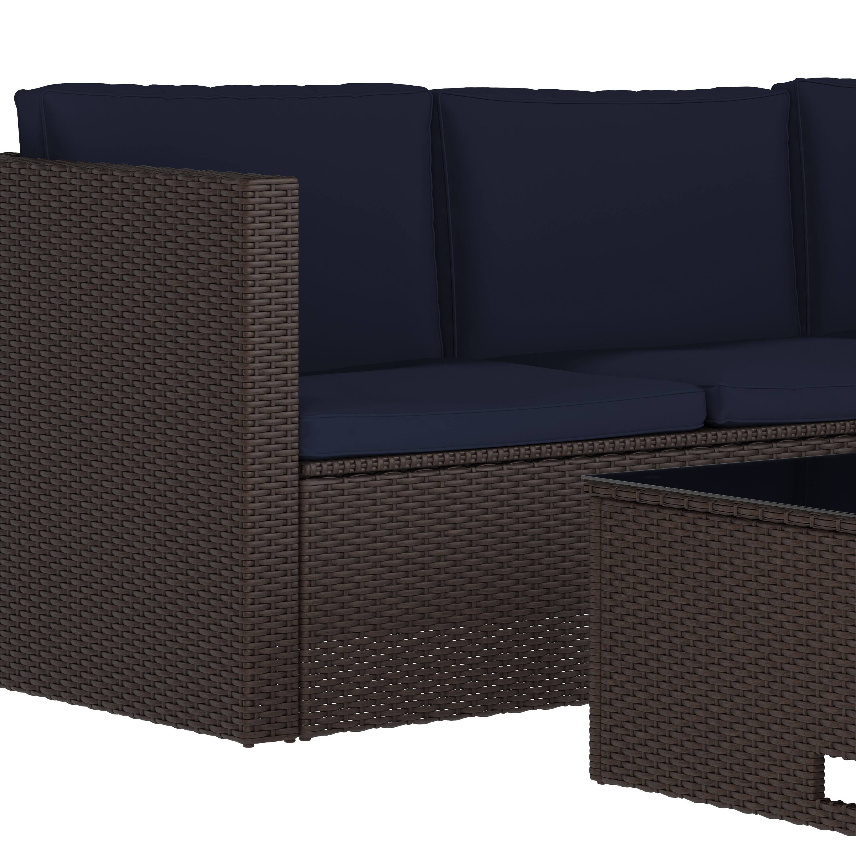 Alt View 10. Emma + Oliver - Beal All Weather Wicker PE Rattan L-Shaped Sectional Sofa with Coffee Table and Included Back and Seat Cushions - Navy Cushions/Brown Frame.