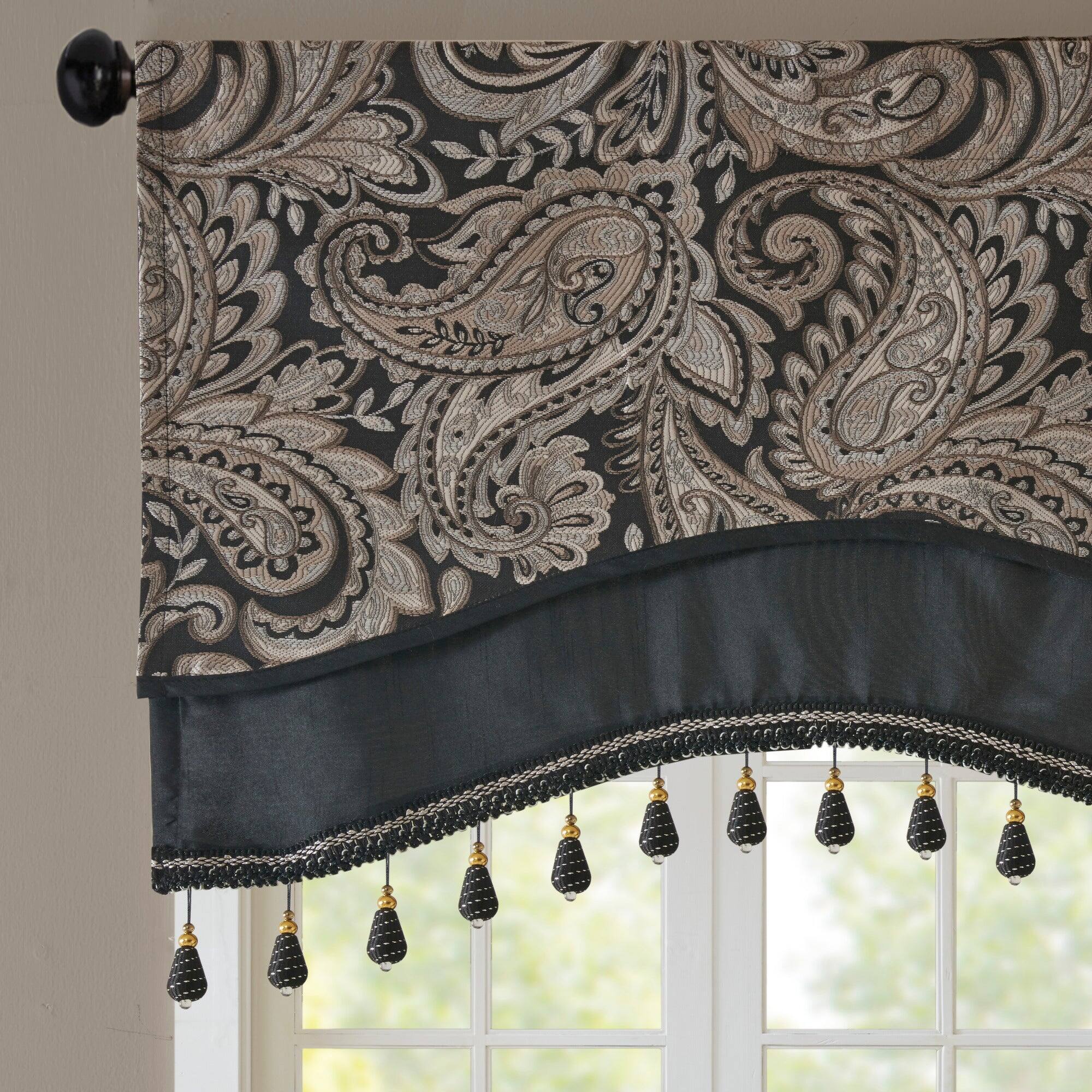 Alt View 5. BreeBe - Jacquard Window Rod Pocket Valance With Beads Black 50x18' - Black.