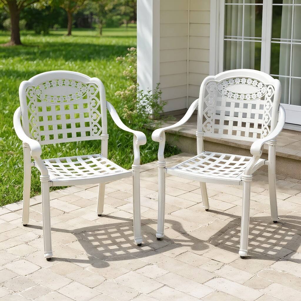 Front. Kadyn - Set of 2 Cast Aluminum Patio Chairs with Armrests-White, Outdoor Dining Chair for Outside Patio, All Weather, Porch - White.
