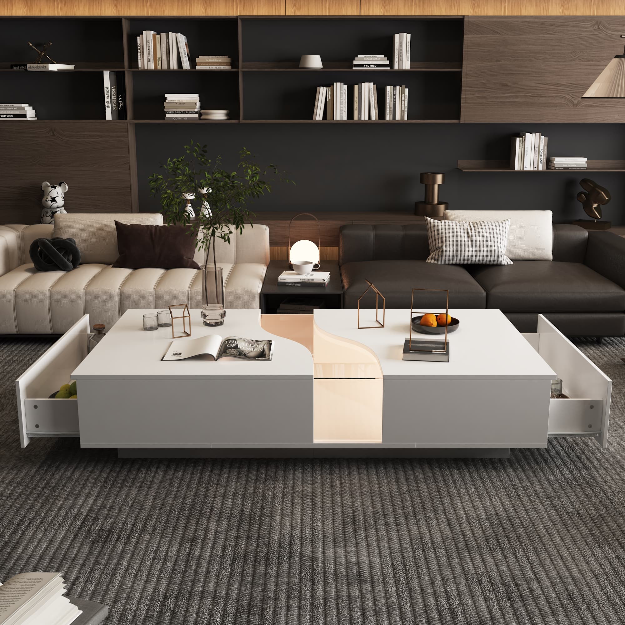 FUFU & GAGA - Modern Irregular Coffee Table with LED Ambient Lighting, Hidden Drawers and Open Storage for Living Room - White