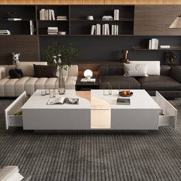 FUFU & GAGA - Modern Irregular Coffee Table with LED Ambient Lighting, Hidden Drawers and Open Storage for Living Room - White