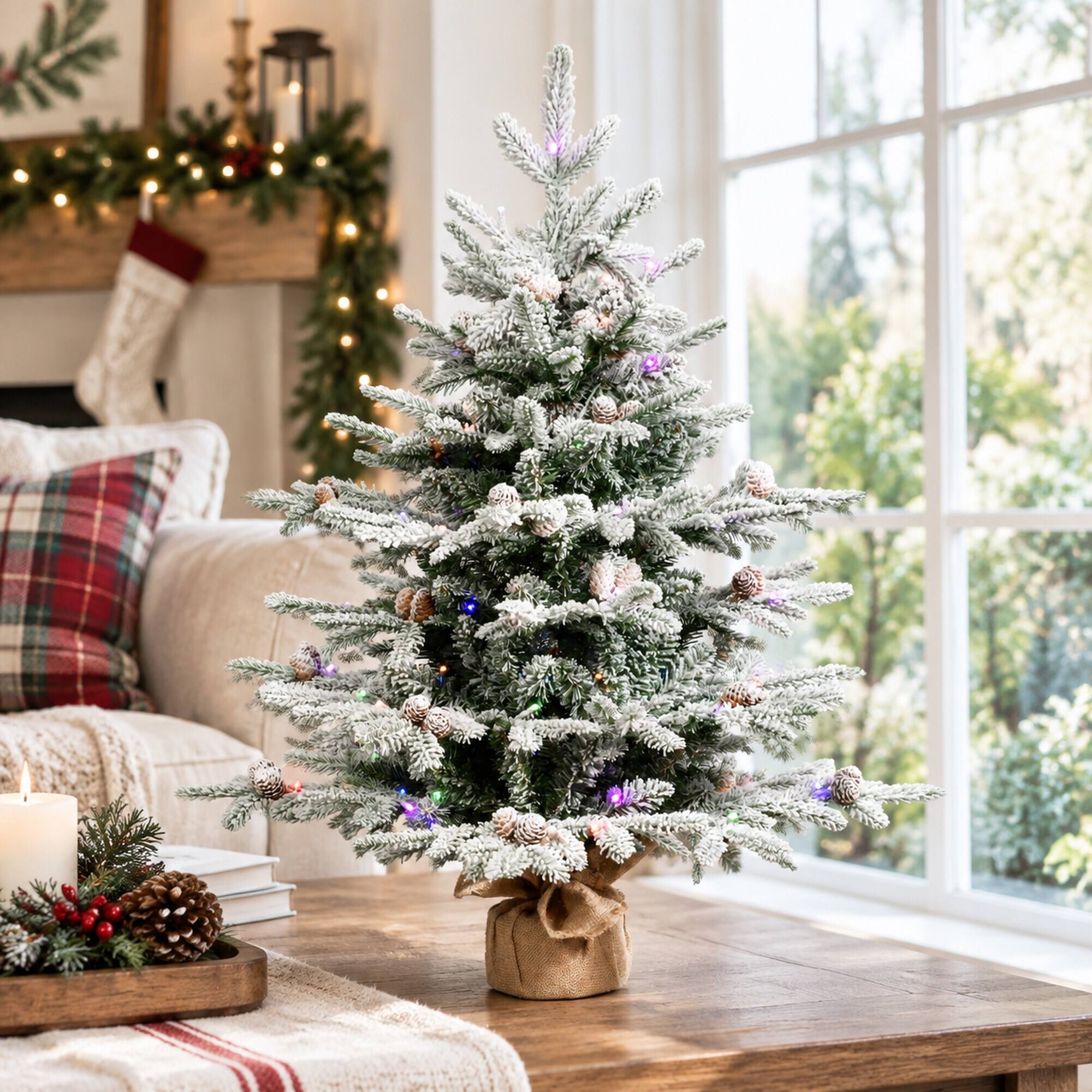Back. RYHNUYNE - 3FT Pre-Lit Flocked Artificial Pine Tree With 100 Dual-Color LED Lights and 26 Pine Cones, 528 Tips and Burlap Base - Green,White.
