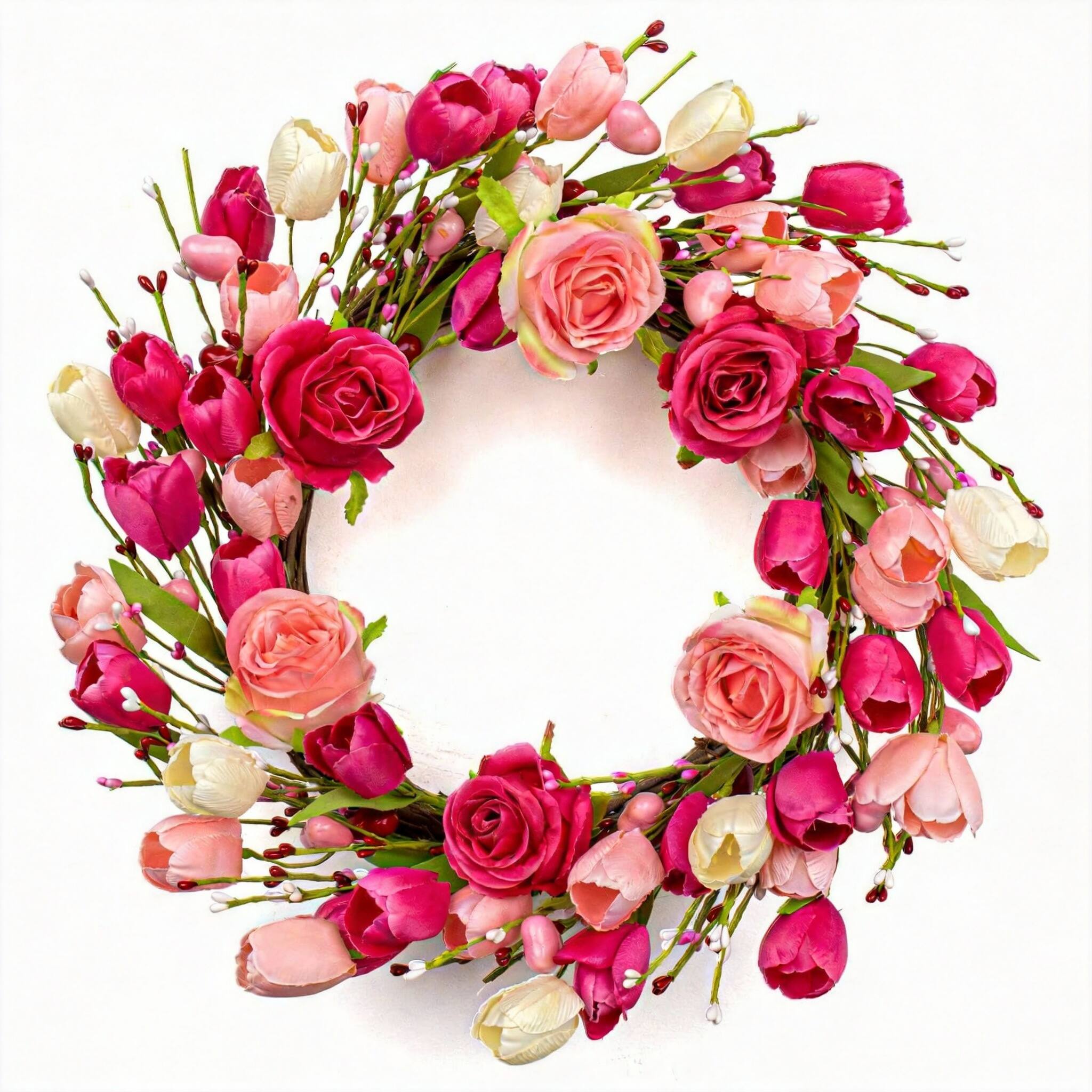Front. Frangdom - Valentine Rose Tulip Wreath Door Wall Decor - PINK 20 inches.