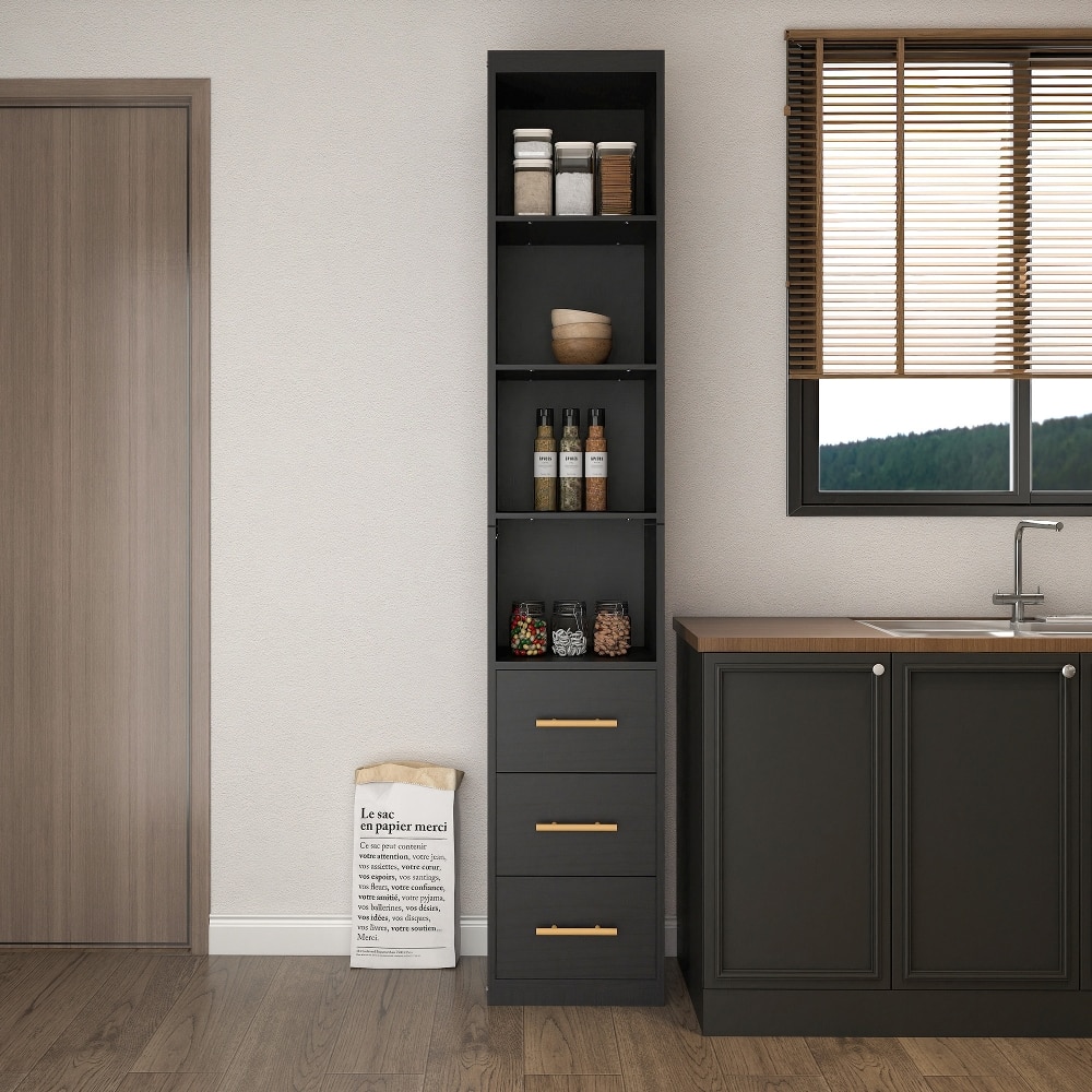Loheer - 85 Inch Tall Storage Cabinet with Drawers Narrow Freestanding Shelves for Bathroom Laundry Living Room - Black