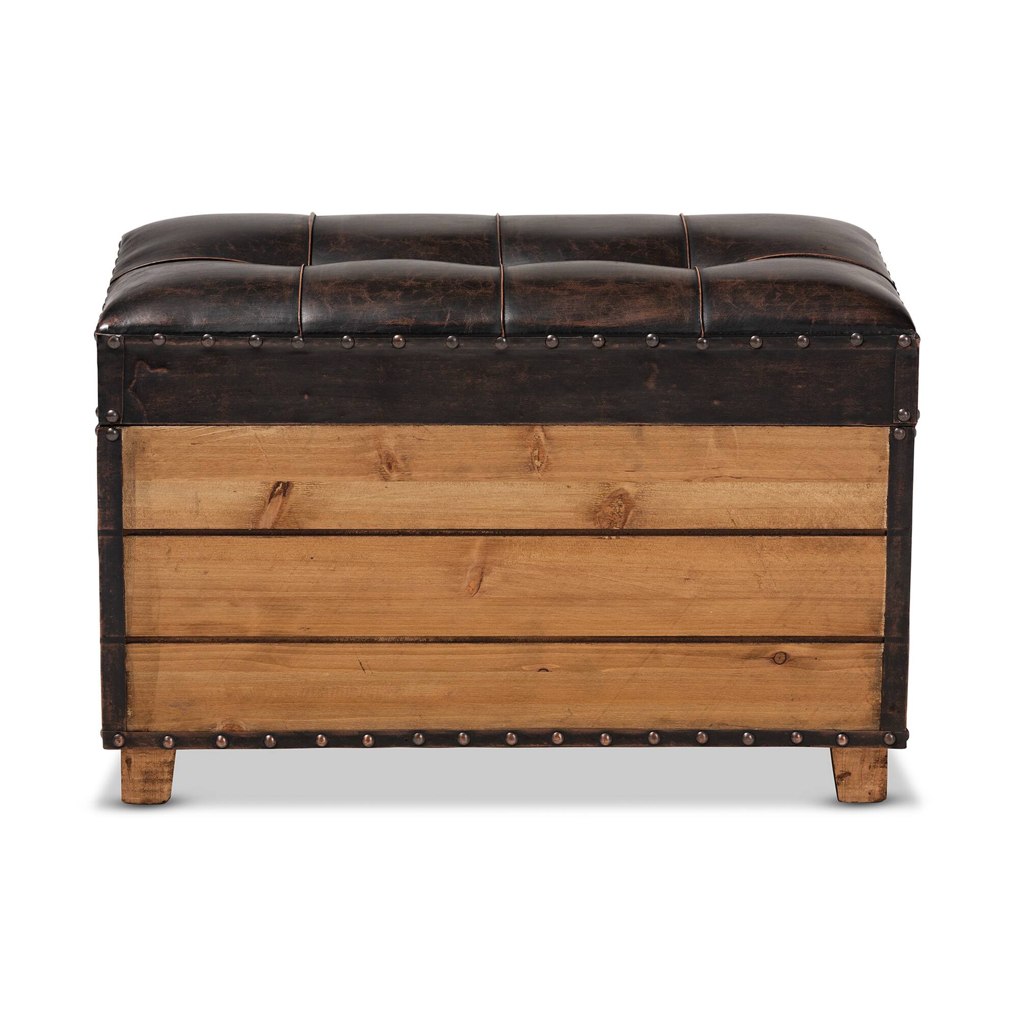 Back. Baxton Studio - Marelli Rustic Faux Leather Upholstered 2-Piece Wood Storage Trunk Ottoman Set - Dark Brown/Golden Oak.