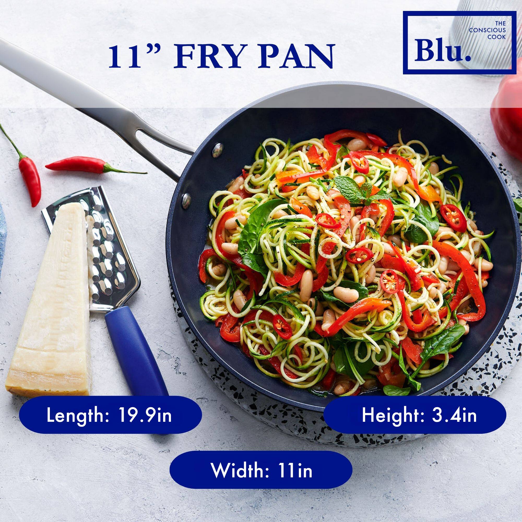 11" FRY PAN

THE CONSCIOUS COOK Blu.

Length: 19.9in  
Width: 11in  
Height: 3.4in